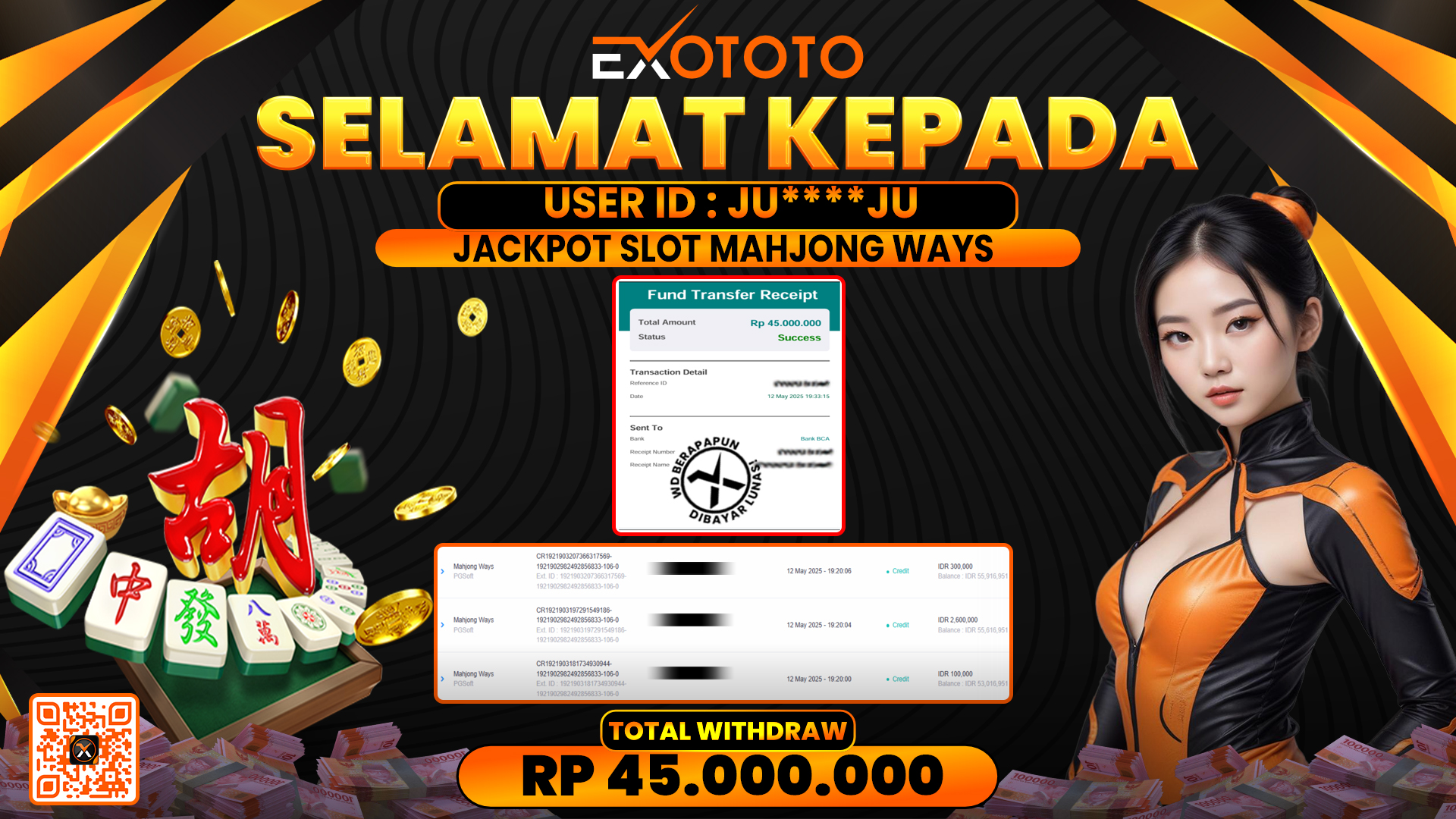 EXOTOTO JACKPOT DI SLOT MAHJONG WAYS RP. 45.000.000,- LUNAS