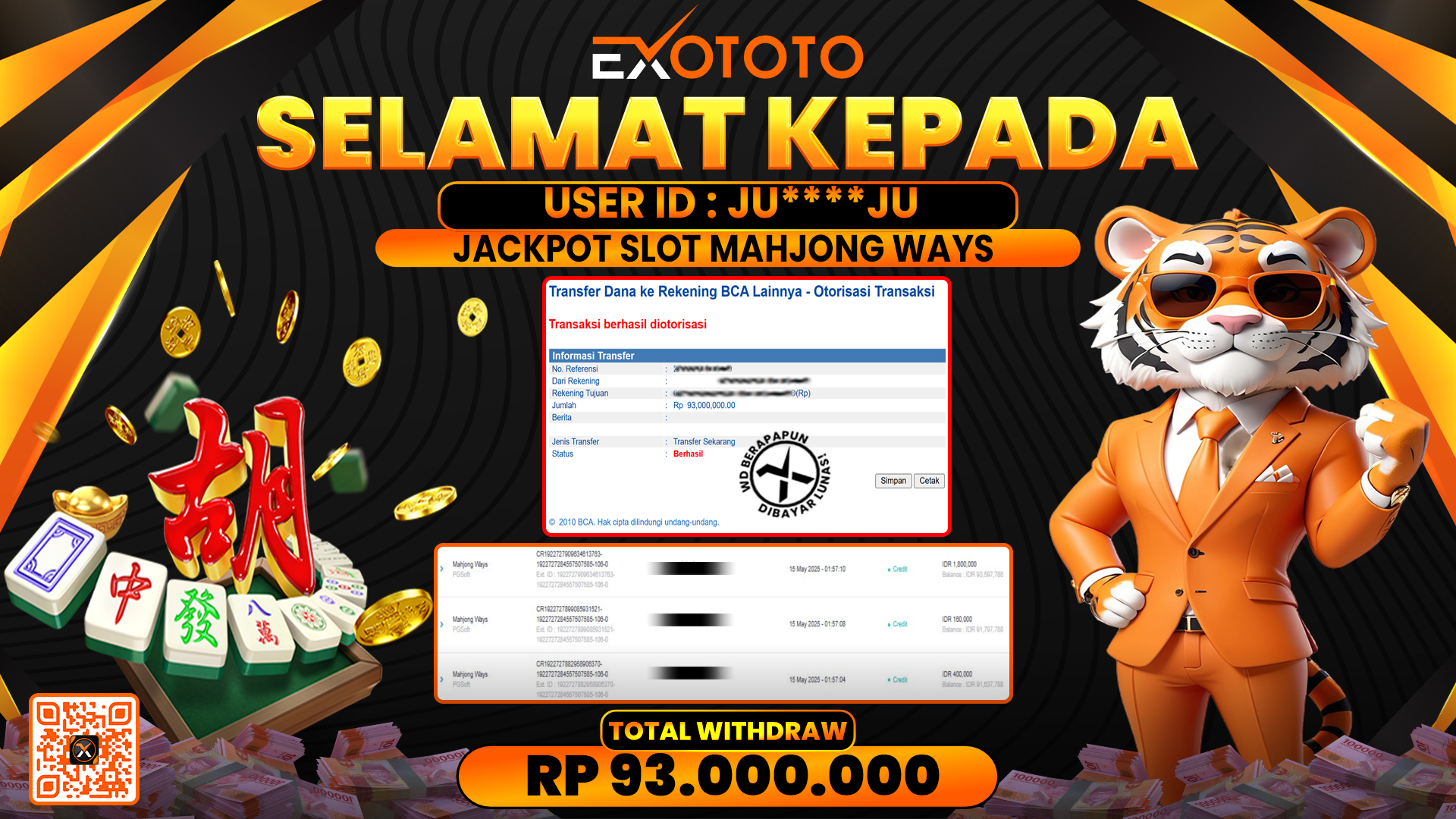 EXOTOTO JACKPOT DI SLOT MAHJONG WAYS RP. 93.000.000,- LUNAS