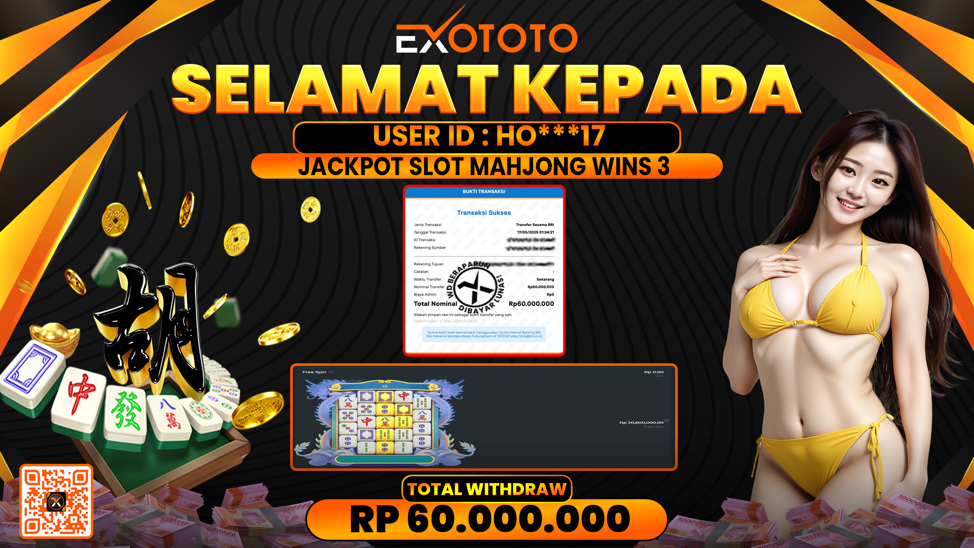 EXOTOTO JACKPOT DI SLOT MAHJONG WINS 3 RP. 60.000.000,- LUNAS