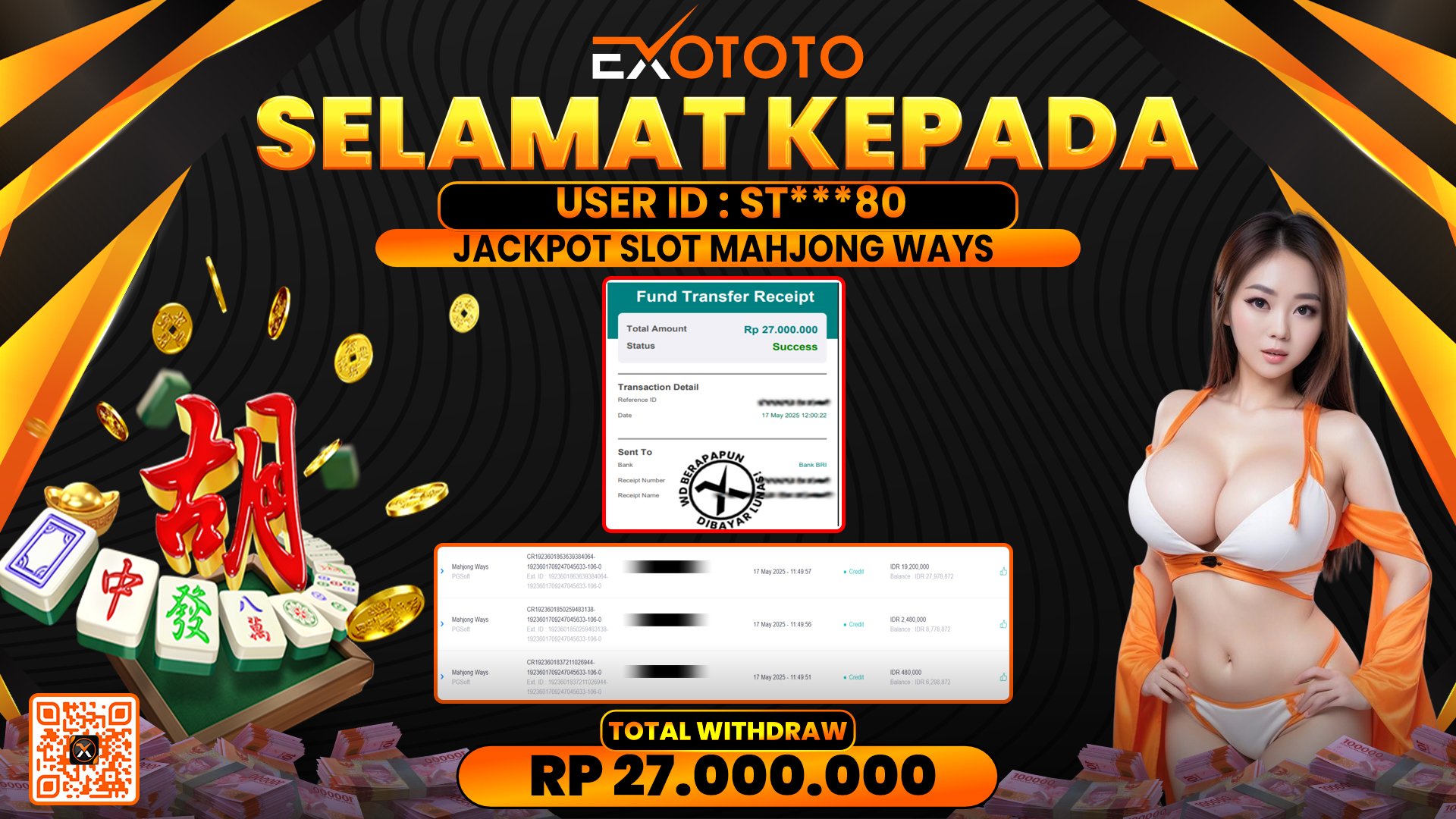 EXOTOTO JACKPOT DI SLOT MAHJONG WAYS RP. 27.000.000,- LUNAS