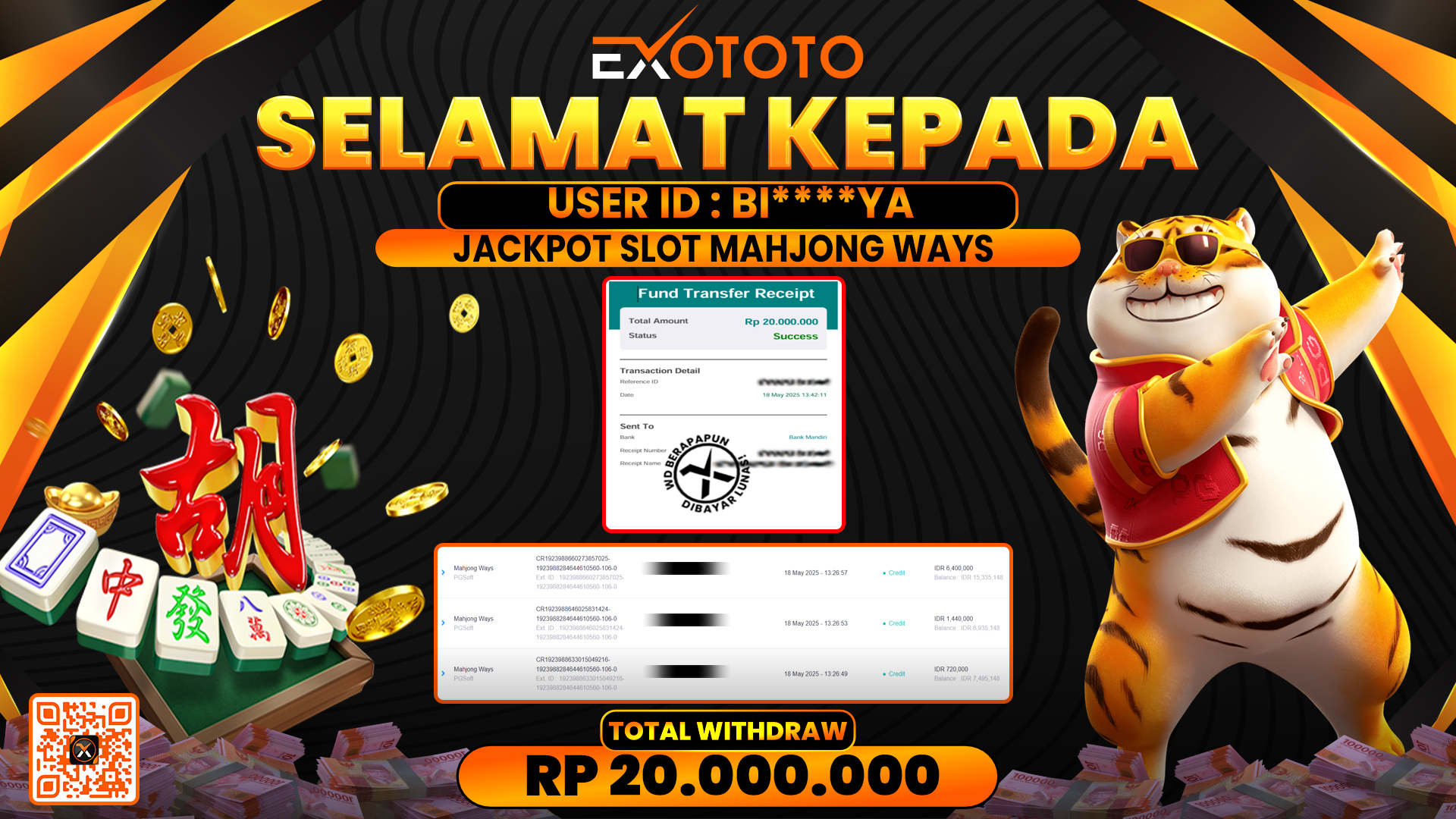 EXOTOTO JACKPOT DI SLOT MAHJONG WAYS RP. 20.000.000,- LUNAS