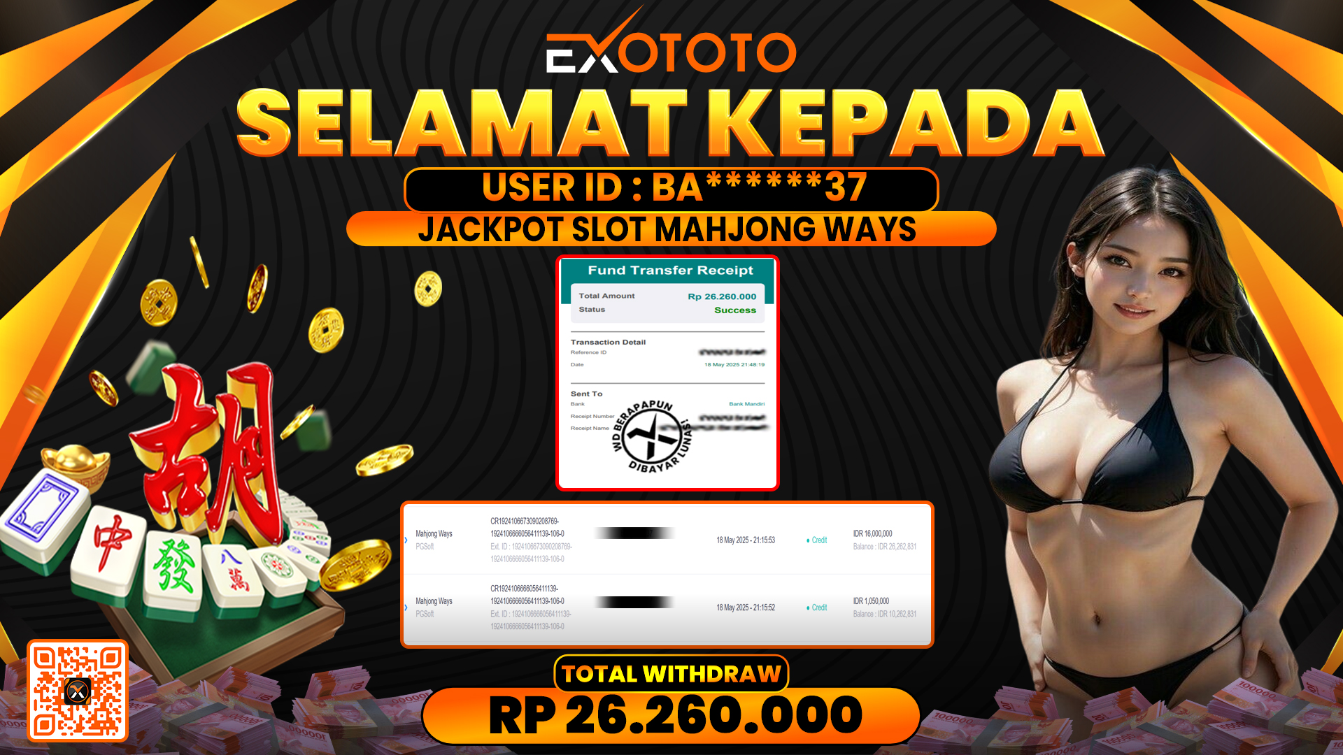 EXOTOTO JACKPOT DI SLOT MAHJONG WAYS RP. 26.260.000,- LUNAS