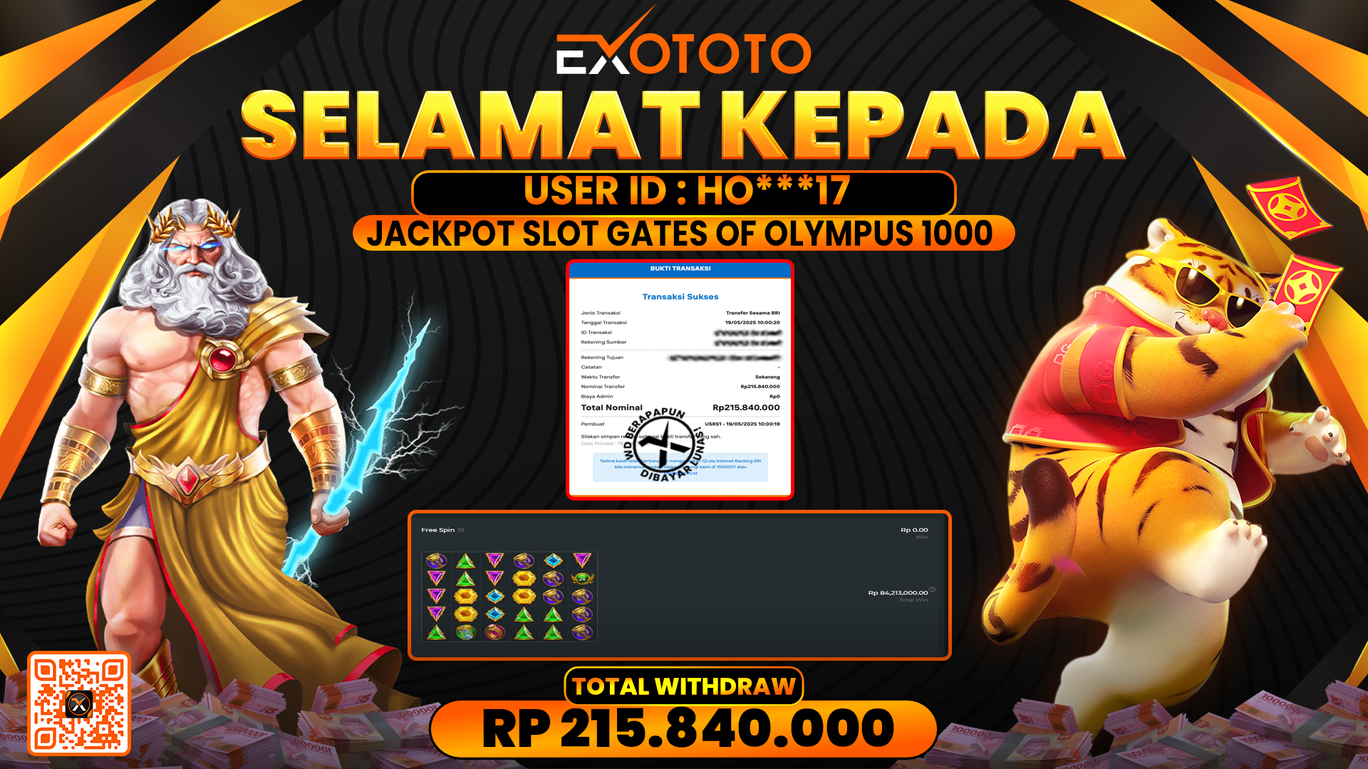 EXOTOTO JACKPOT DI SLOT GATES OF OLYMPUS 1000 RP. 215.840.000,- LUNAS