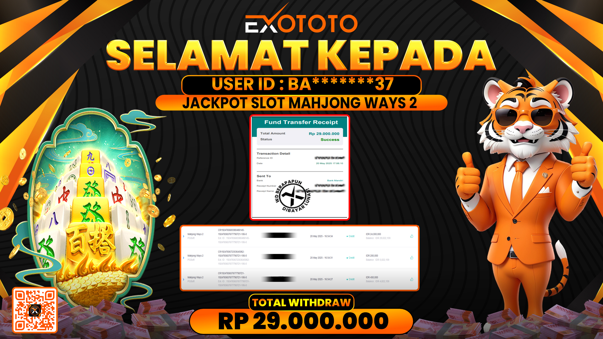 EXOTOTO JACKPOT DI SLOT MAHJONG WAYS 2 RP. 29.000.000,- LUNAS