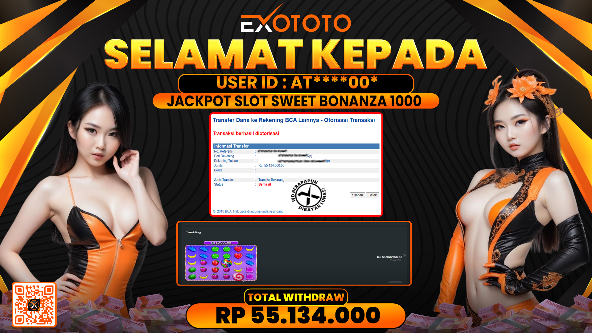 EXOTOTO JACKPOT DI SLOT SWEET BONANZA 1000 RP. 55.134.000,- LUNAS