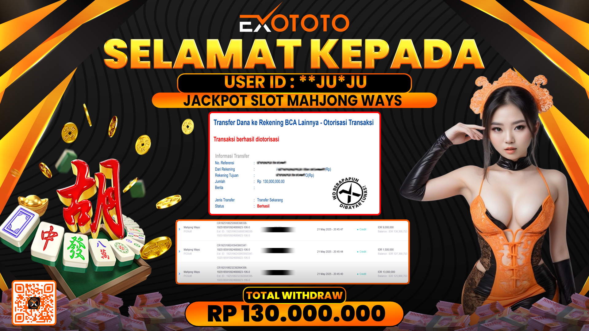 EXOTOTO JACKPOT DI SLOT MAHJONG WAYS RP. 130.000.000,- LUNAS