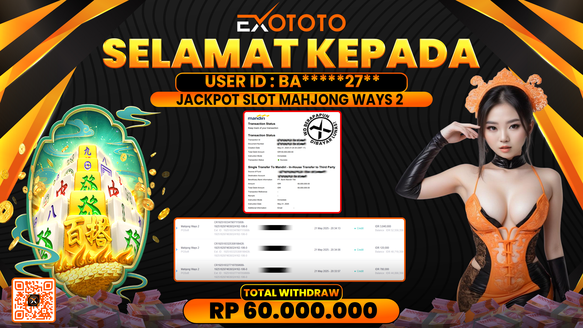 EXOTOTO JACKPOT DI SLOT MAHJONG WAYS 2 RP. 60.000.000,- LUNAS