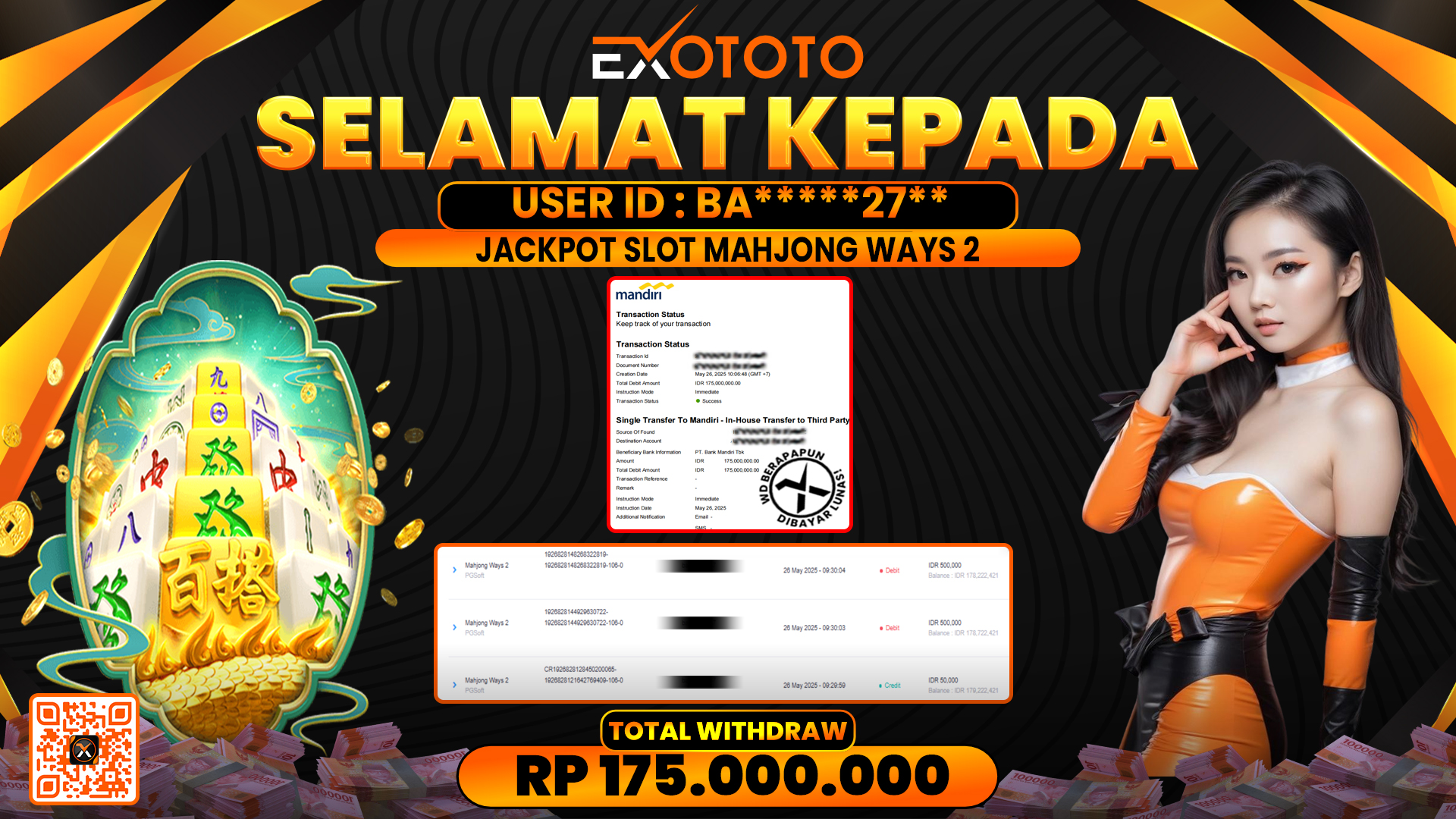 EXOTOTO JACKPOT DI SLOT MAHJONG WAYS 2 RP. 175.000.000,- LUNAS