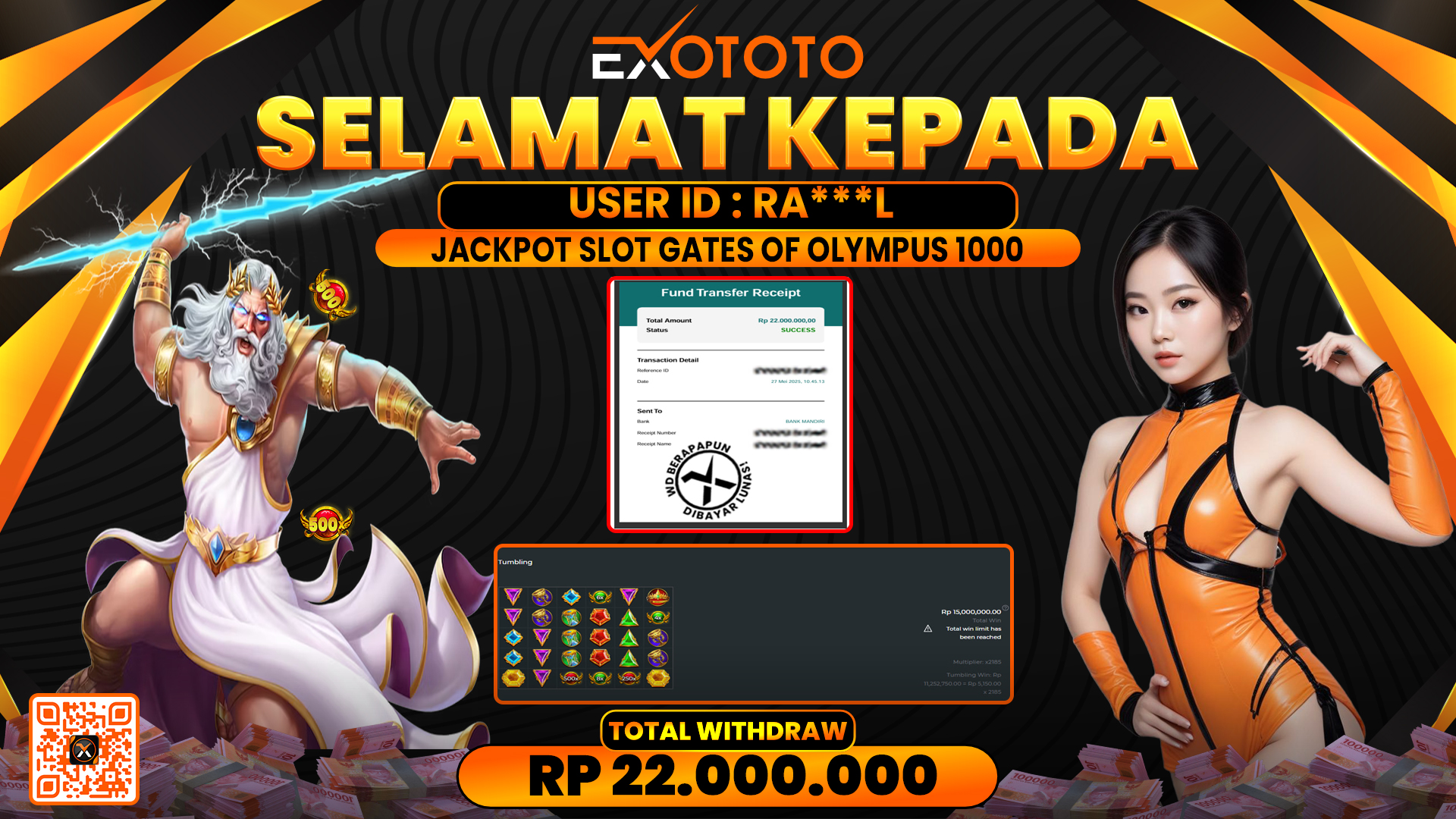 EXOTOTO JACKPOT DI SLOT GATES OF OLYMPUS 1000 RP. 22.000.000,- LUNAS