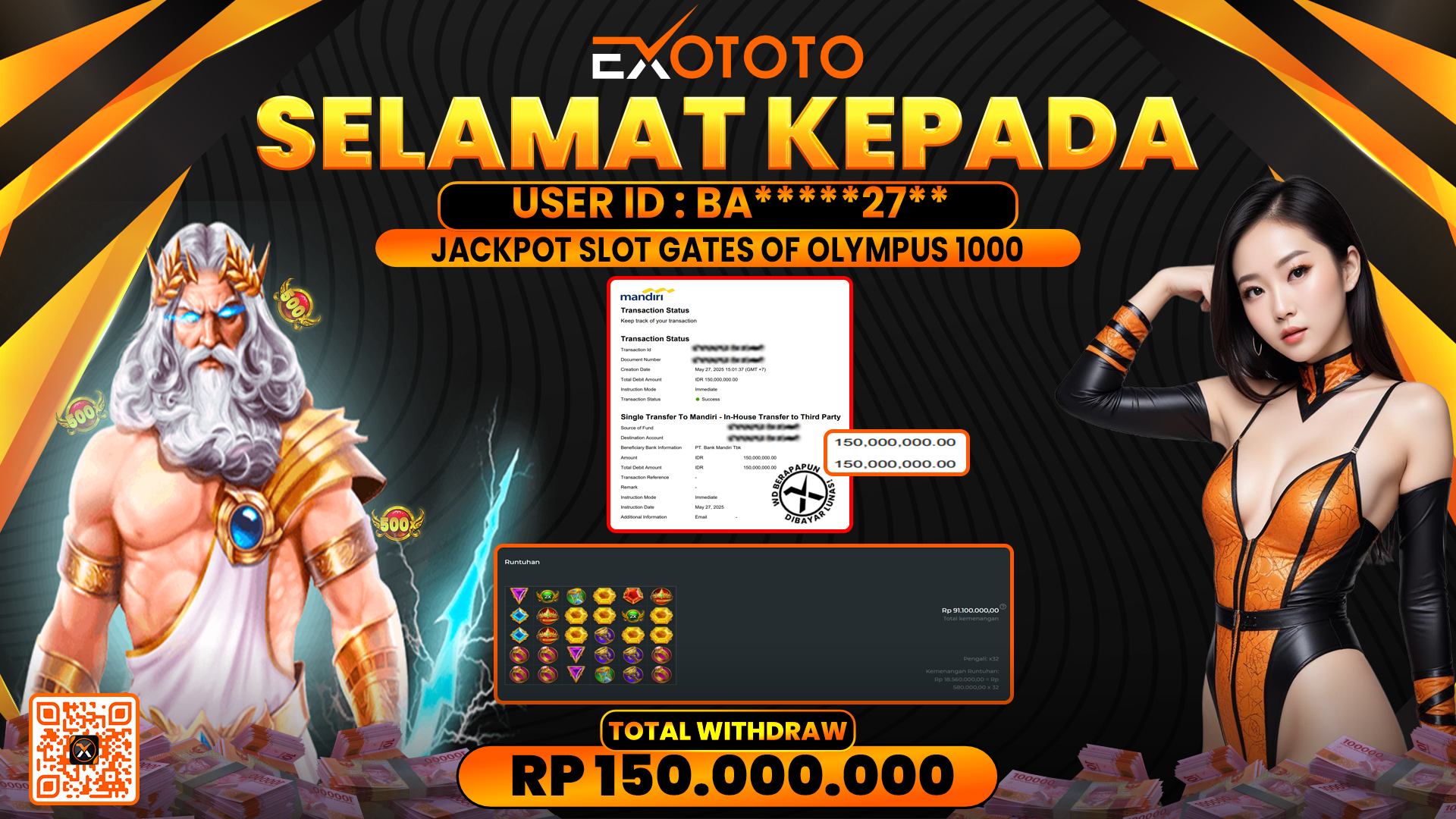 EXOTOTO JACKPOT DI SLOT GATES OF OLYMPUS 1000 RP. 150.000.000,- LUNAS