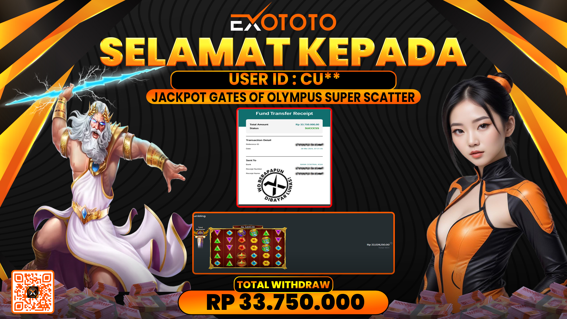EXOTOTO JACKPOT DI SLOT GATES OF OLYMPUS SUPER SCATTER RP. 33.750.000,- LUNAS