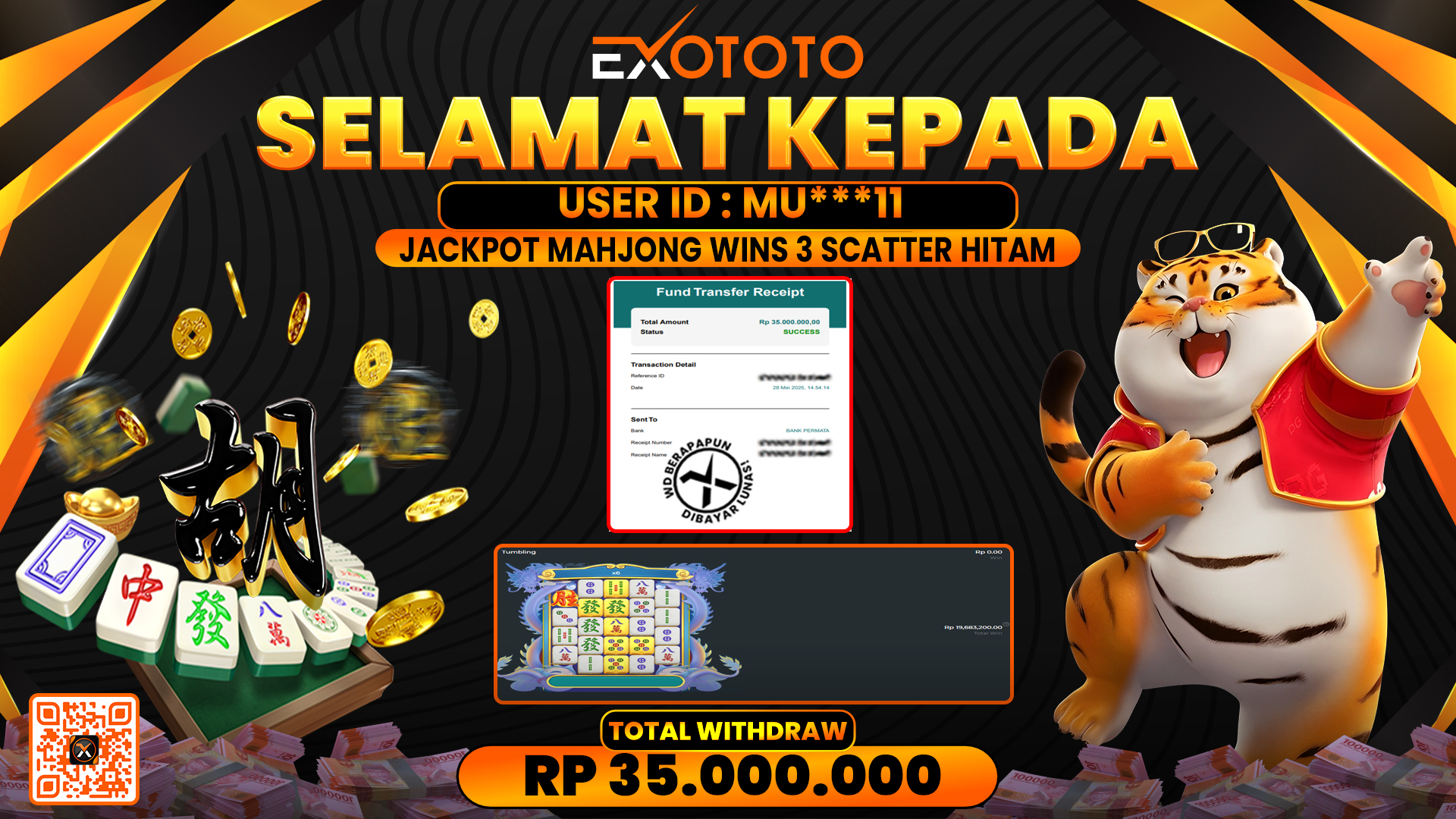 EXOTOTO JACKPOT DI SLOT MAHJONG WIN 3 SCATTER HITAM RP. 35.000.000,- LUNAS