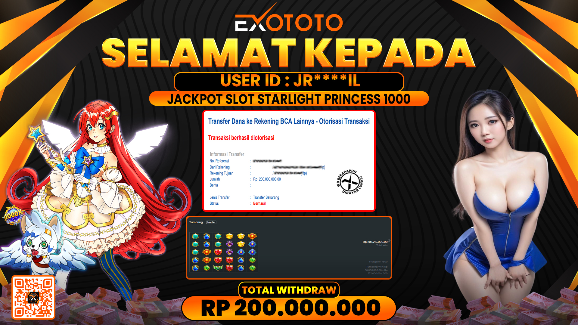 EXOTOTO JACKPOT DI SLOT STARLIGHT PRINCESS 1000 RP. 200.000.000,- LUNAS