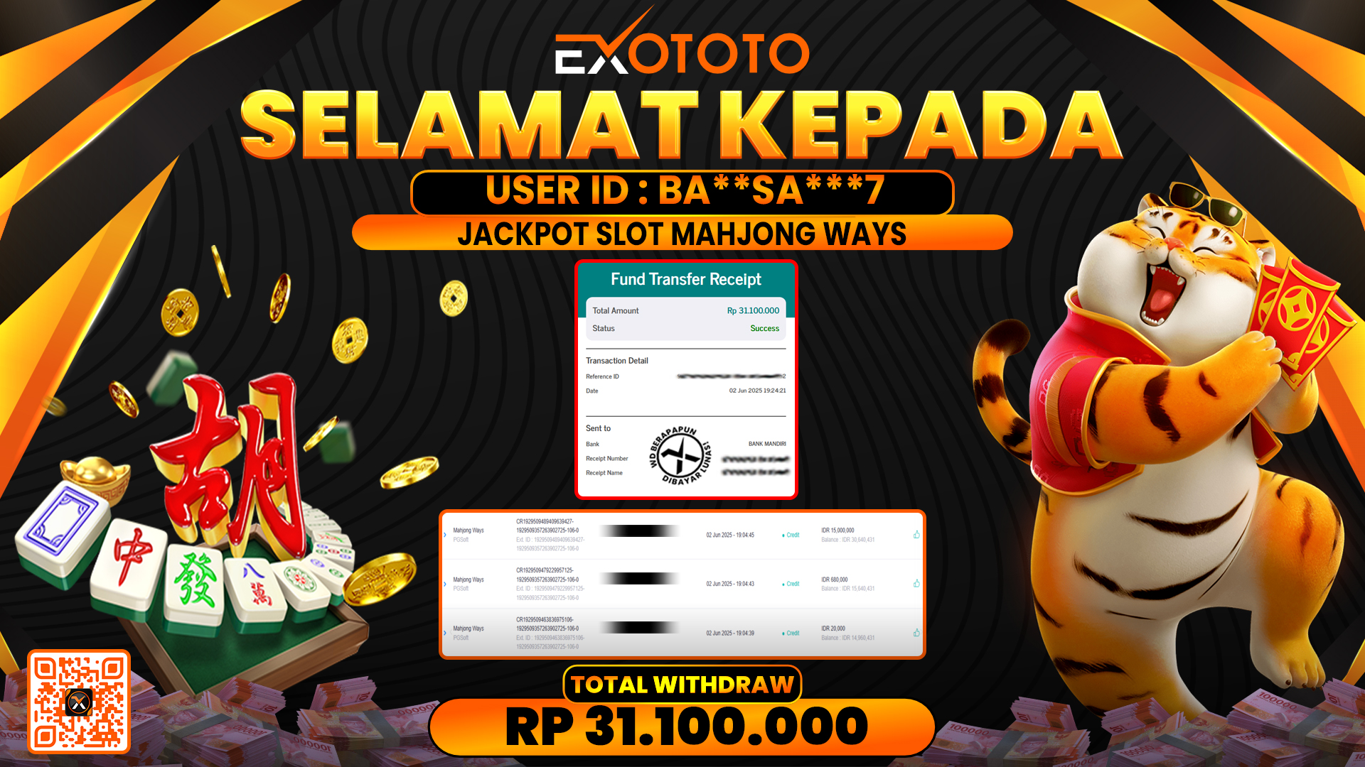 EXOTOTO JACKPOT DI SLOT MAHJONG WAYS RP. 31.100.000,- LUNAS