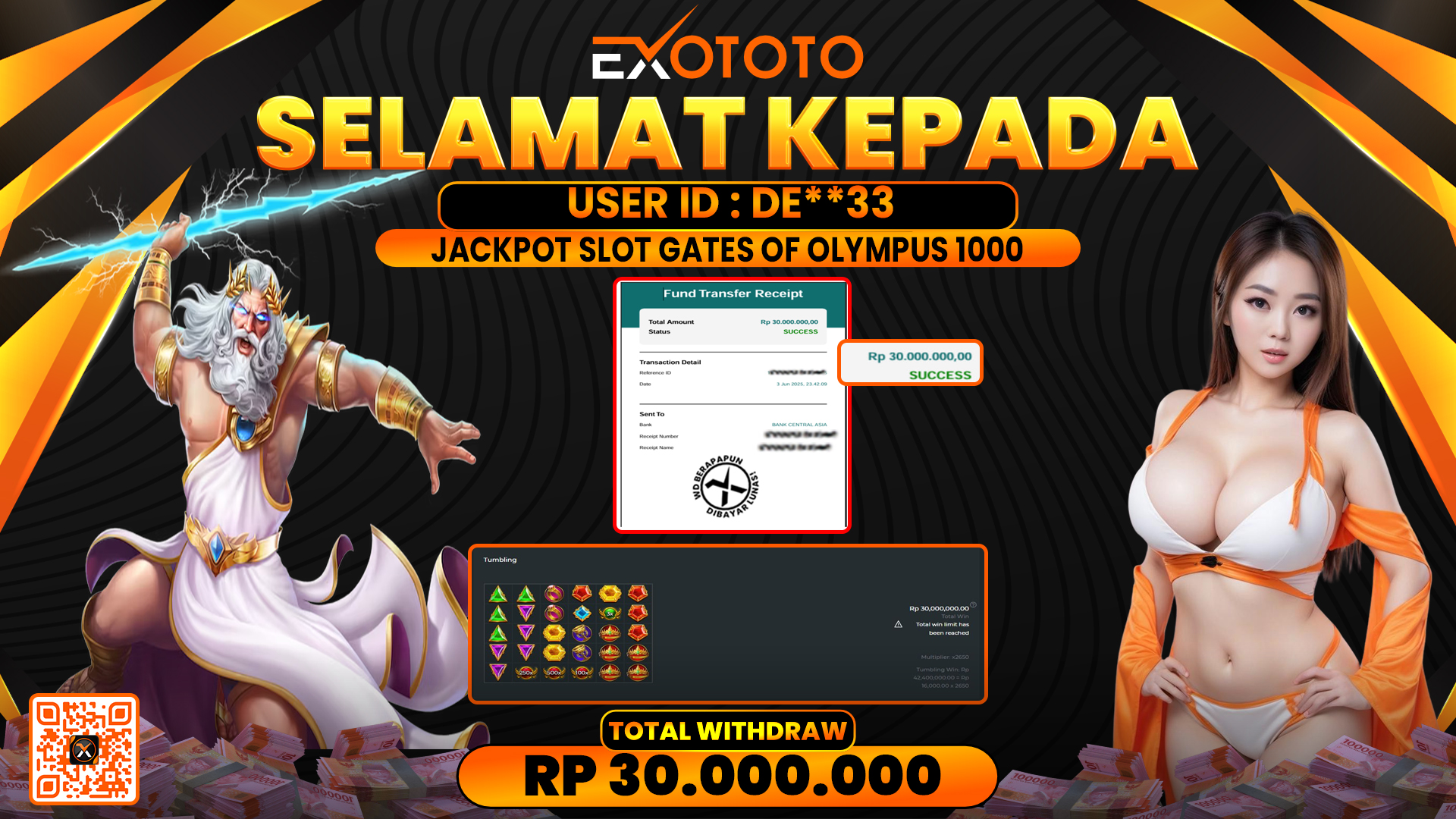 EXOTOTO JACKPOT DI SLOT GATES OF OLYMPUS 1000 RP. 30.000.000,- LUNAS