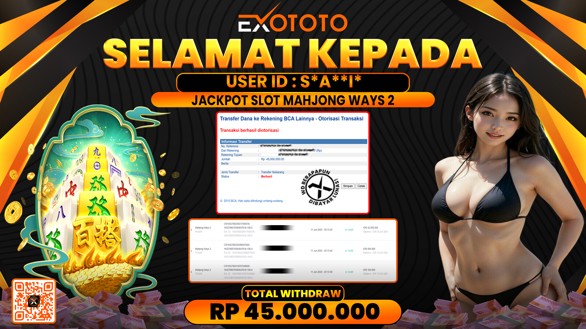 EXOTOTO JACKPOT DI SLOT MAHJONG WAYS 2 RP. 45.000.000,- LUNAS