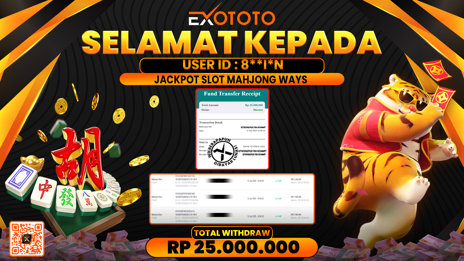 EXOTOTO JACKPOT DI SLOT MAHJONG WAYS RP. 25.000.000,- LUNAS