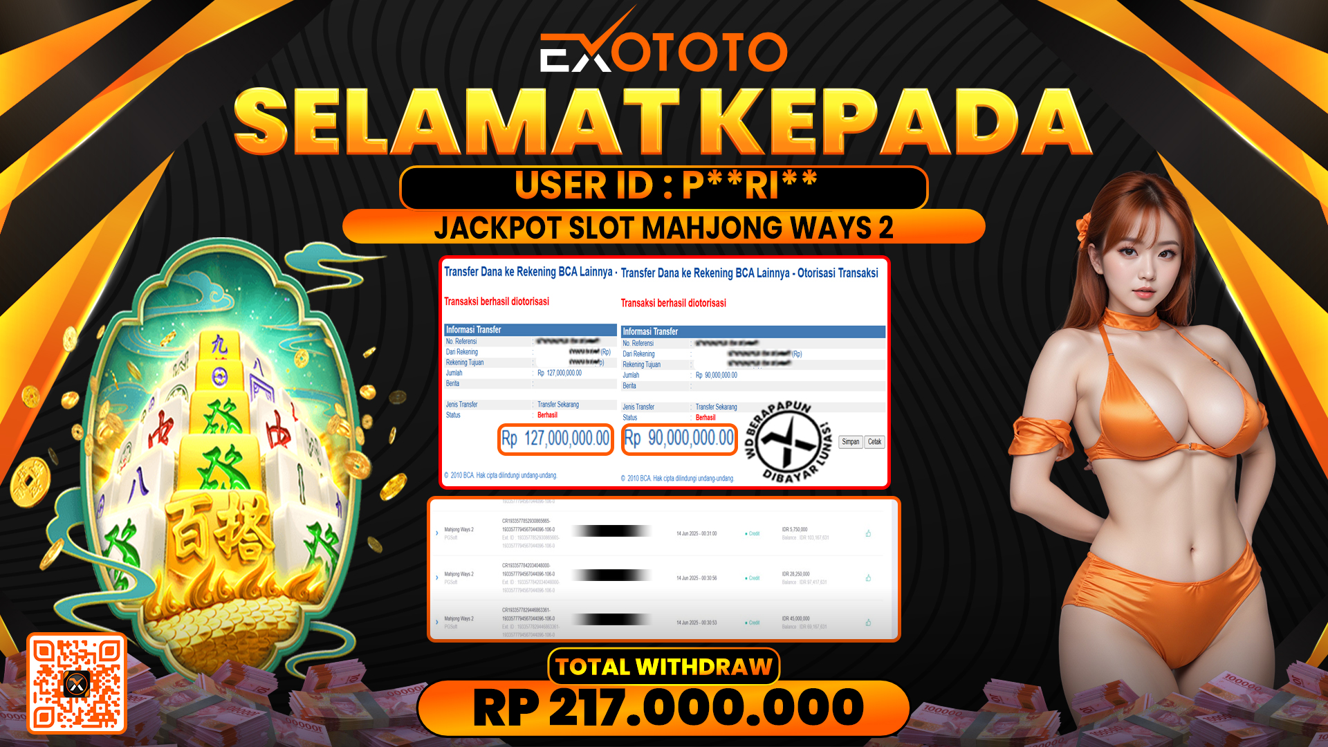 EXOTOTO JACKPOT DI SLOT MAHJONG WAYS 2 RP. 217.000.000,- LUNAS