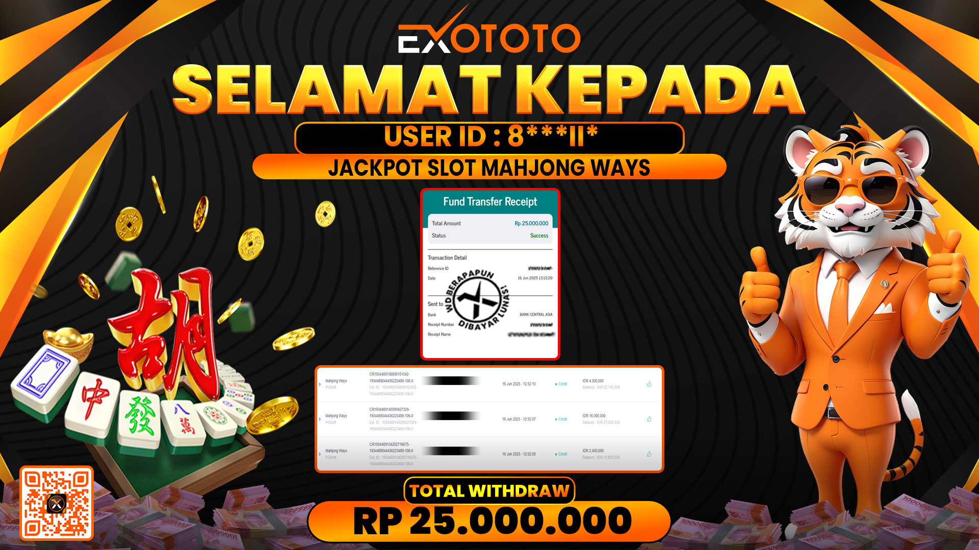 EXOTOTO JACKPOT DI SLOT MAHJONG WAYS RP. 25.000.000,- LUNAS