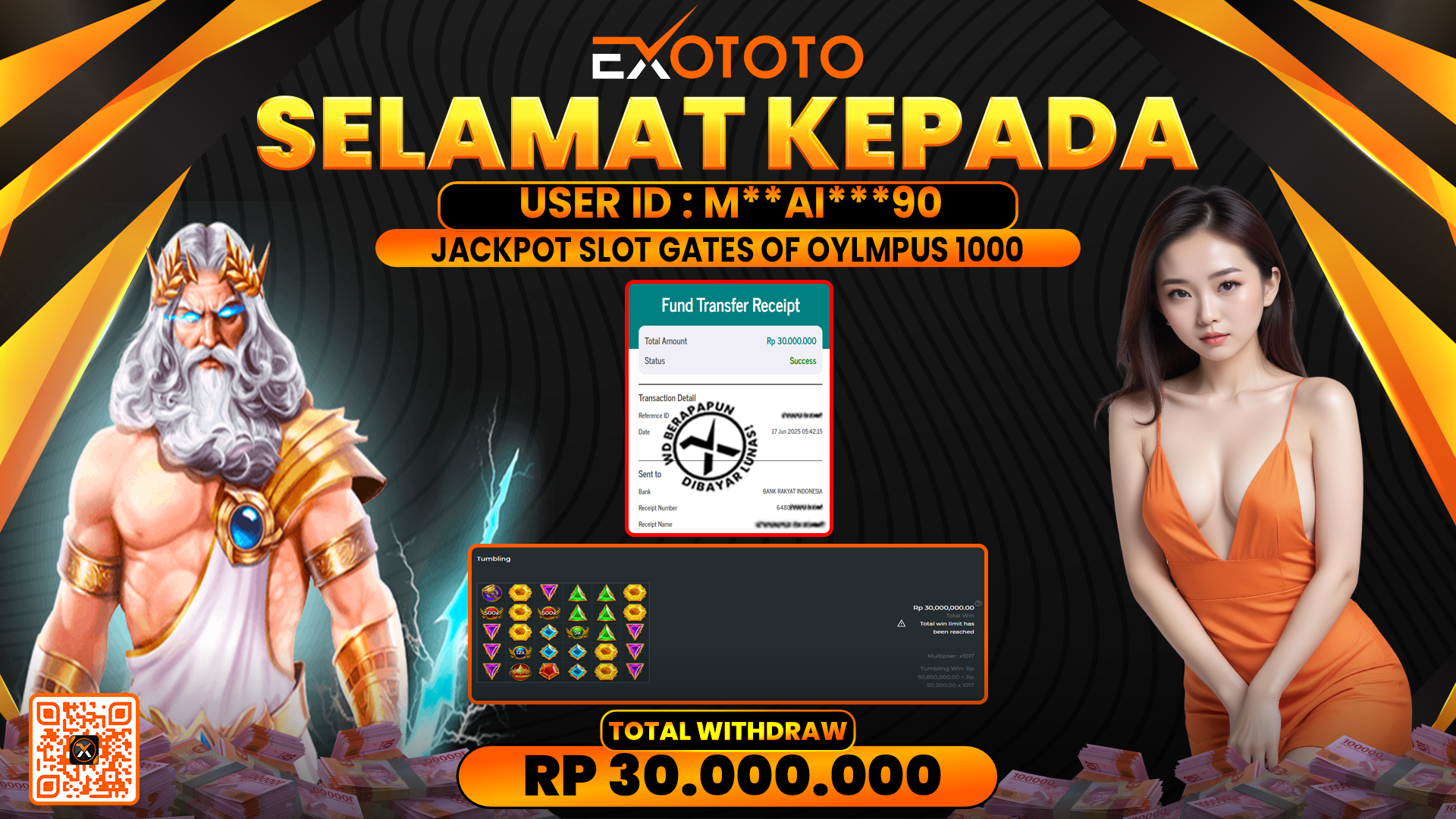 EXOTOTO JACKPOT DI SLOT GATES OF OLYMPUS 1000 RP. 30.000.000,- LUNAS