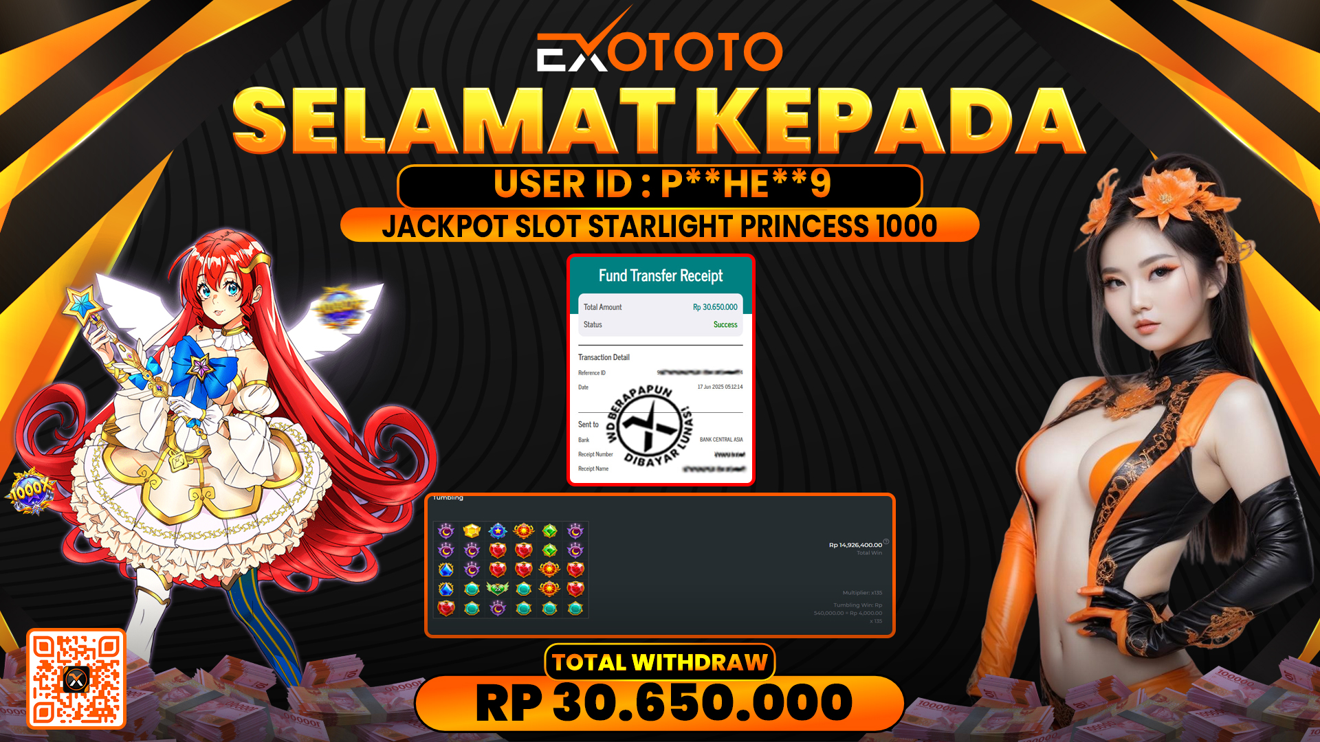 EXOTOTO JACKPOT DI SLOT STARLIGHT PRINCESS 1000 RP. 30.650.000,- LUNAS