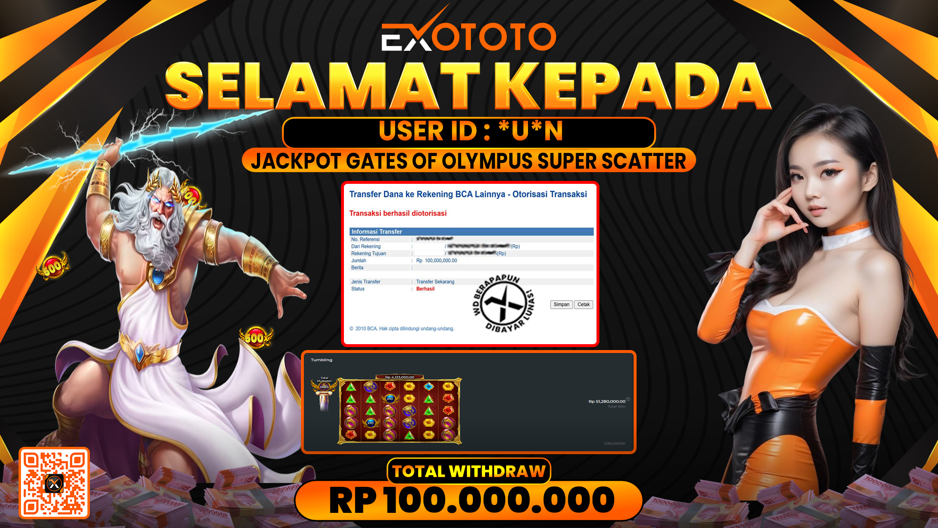 EXOTOTO JACKPOT DI SLOT GATES OF OLYMPUS SUPER SCATTER RP. 100.000.000,- LUNAS