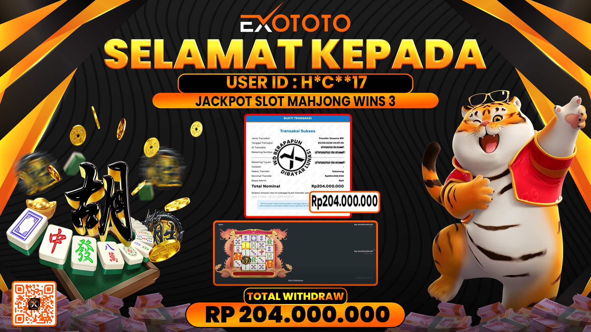 EXOTOTO JACKPOT DI SLOT MAHJONG WINS 3 RP. 204.000.000,- LUNAS