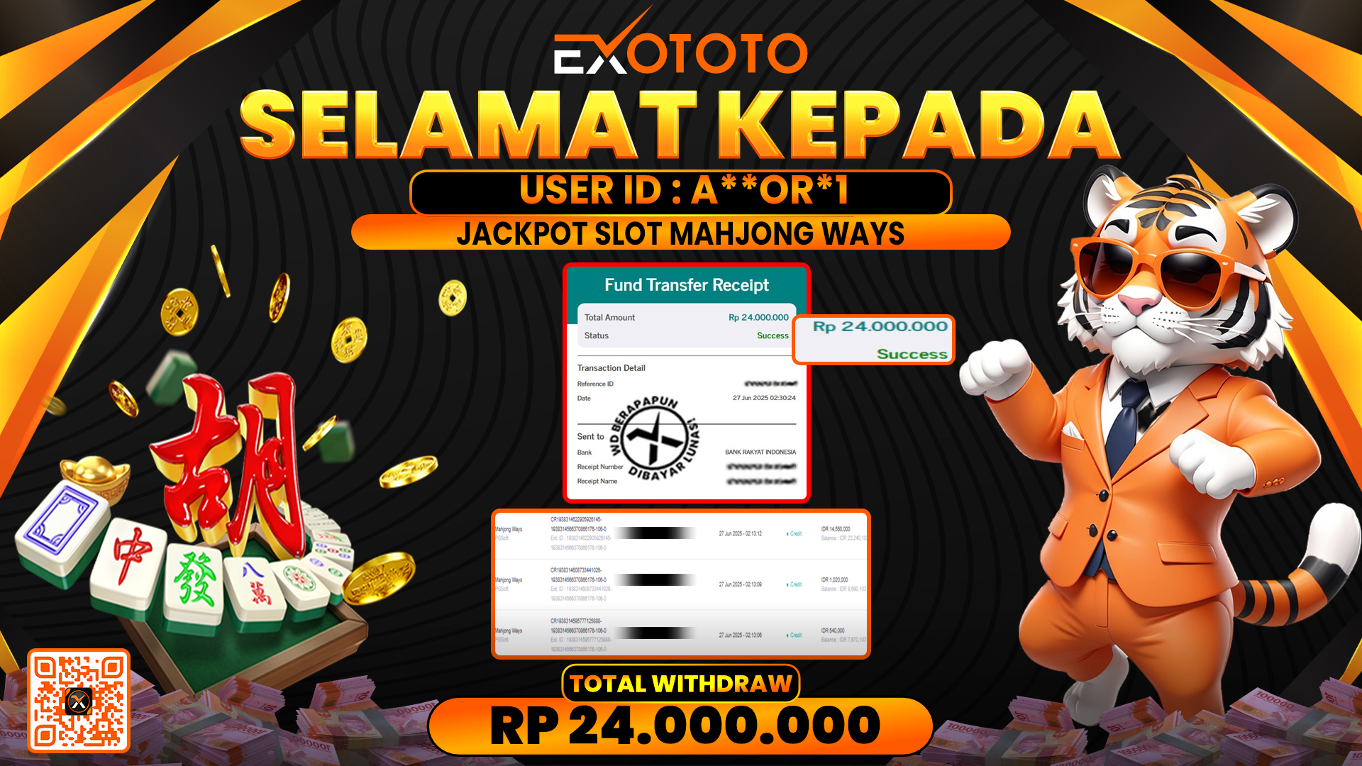EXOTOTO JACKPOT DI SLOT MAHJONG WAYS RP. 24.000.000,- LUNAS