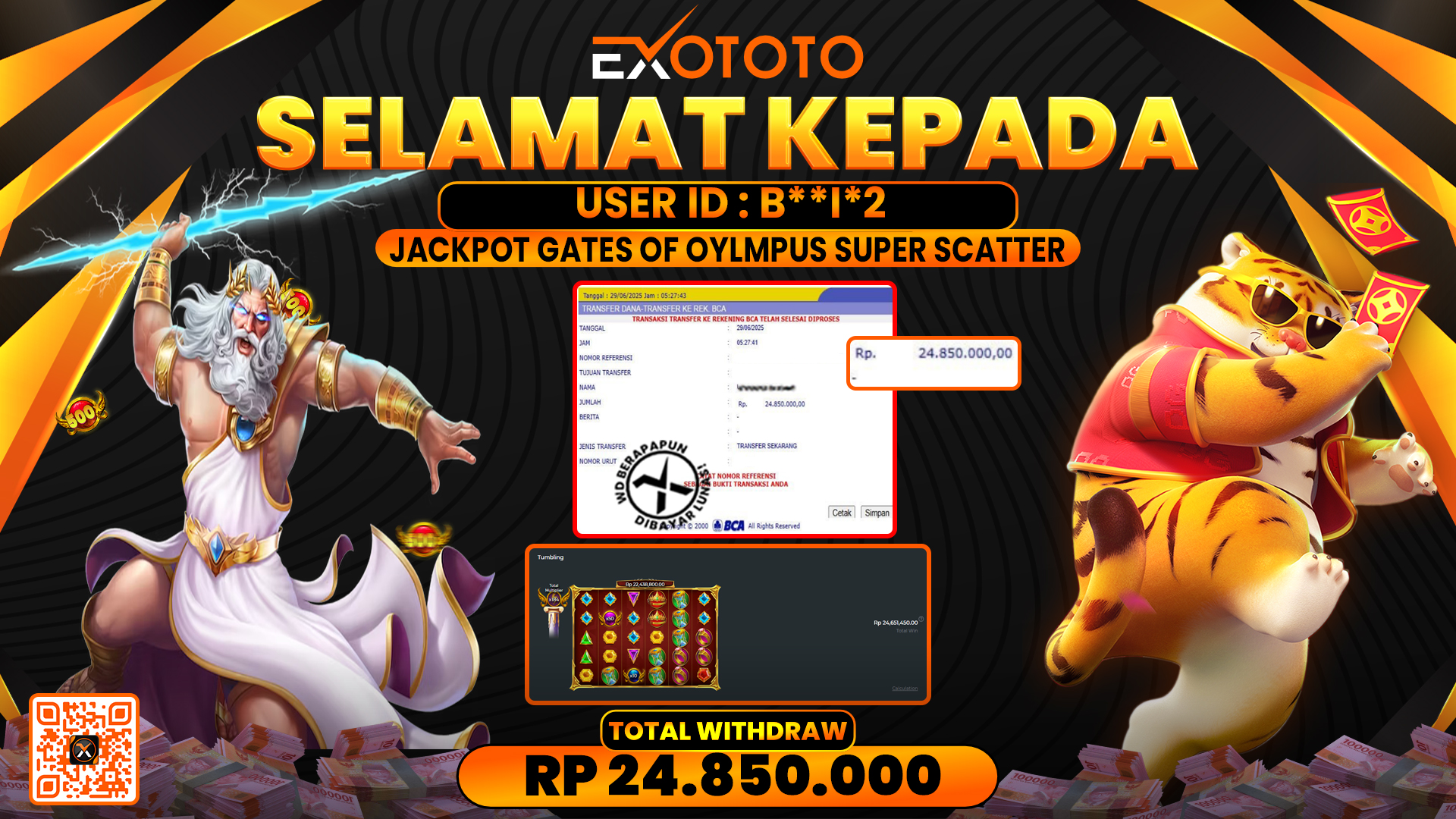 EXOTOTO JACKPOT DI SLOT GATES OF OLYMPUS SUPER SCATTER RP. 24.850.000,- LUNAS