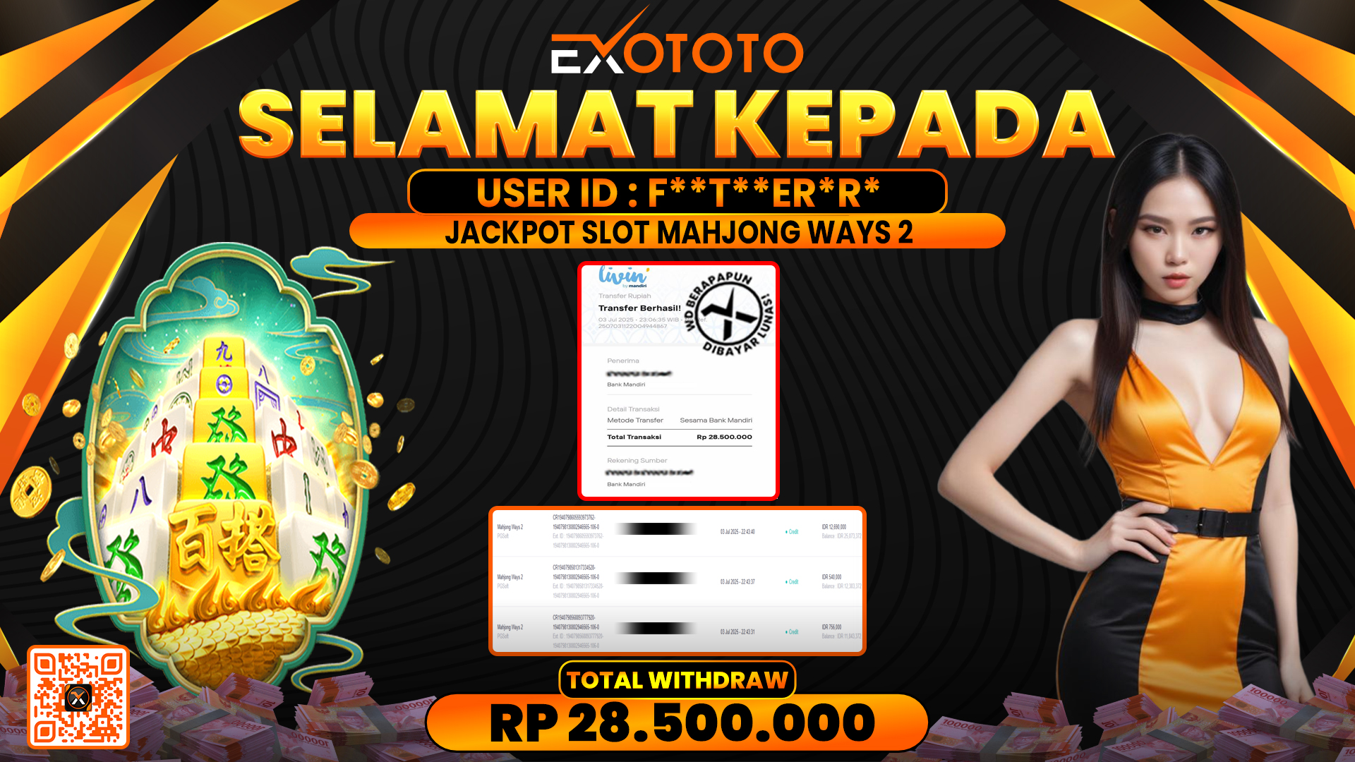 EXOTOTO JACKPOT DI SLOT MAHJONG WAYS 2 RP. 28.500.000,- LUNAS