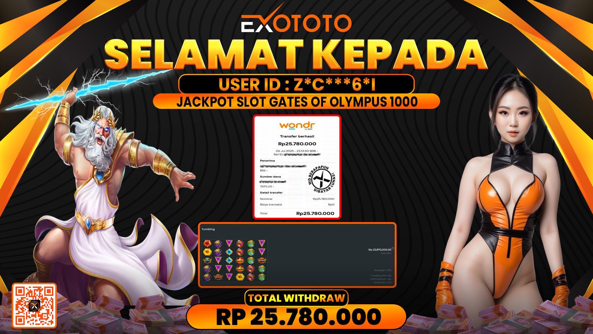 EXOTOTO JACKPOT DI SLOT GATES OF OLYMPUS 1000 RP. 25.780.000,- LUNAS