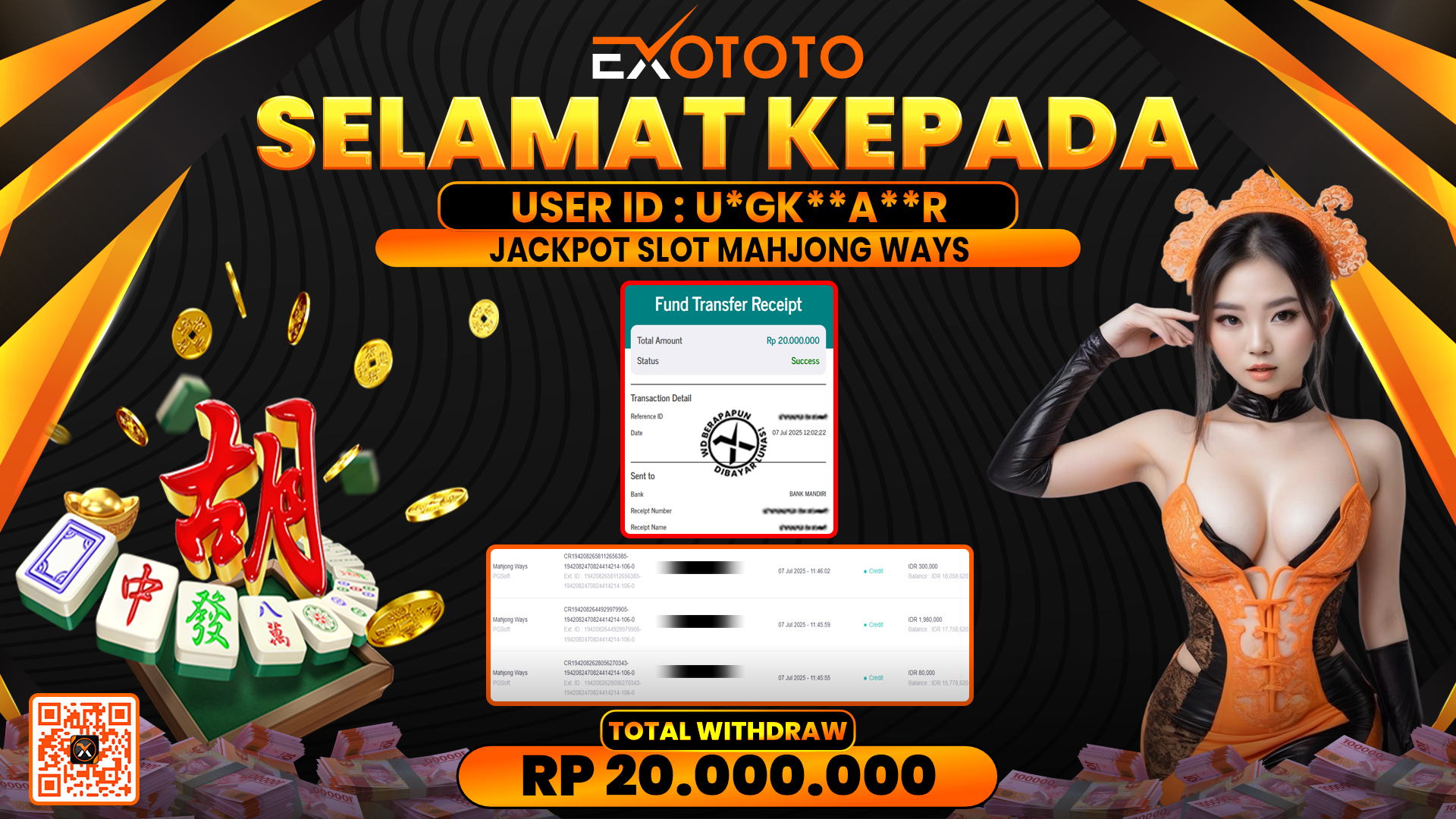 EXOTOTO JACKPOT DI SLOT MAHJONG WAYS RP. 20.000.000,- LUNAS