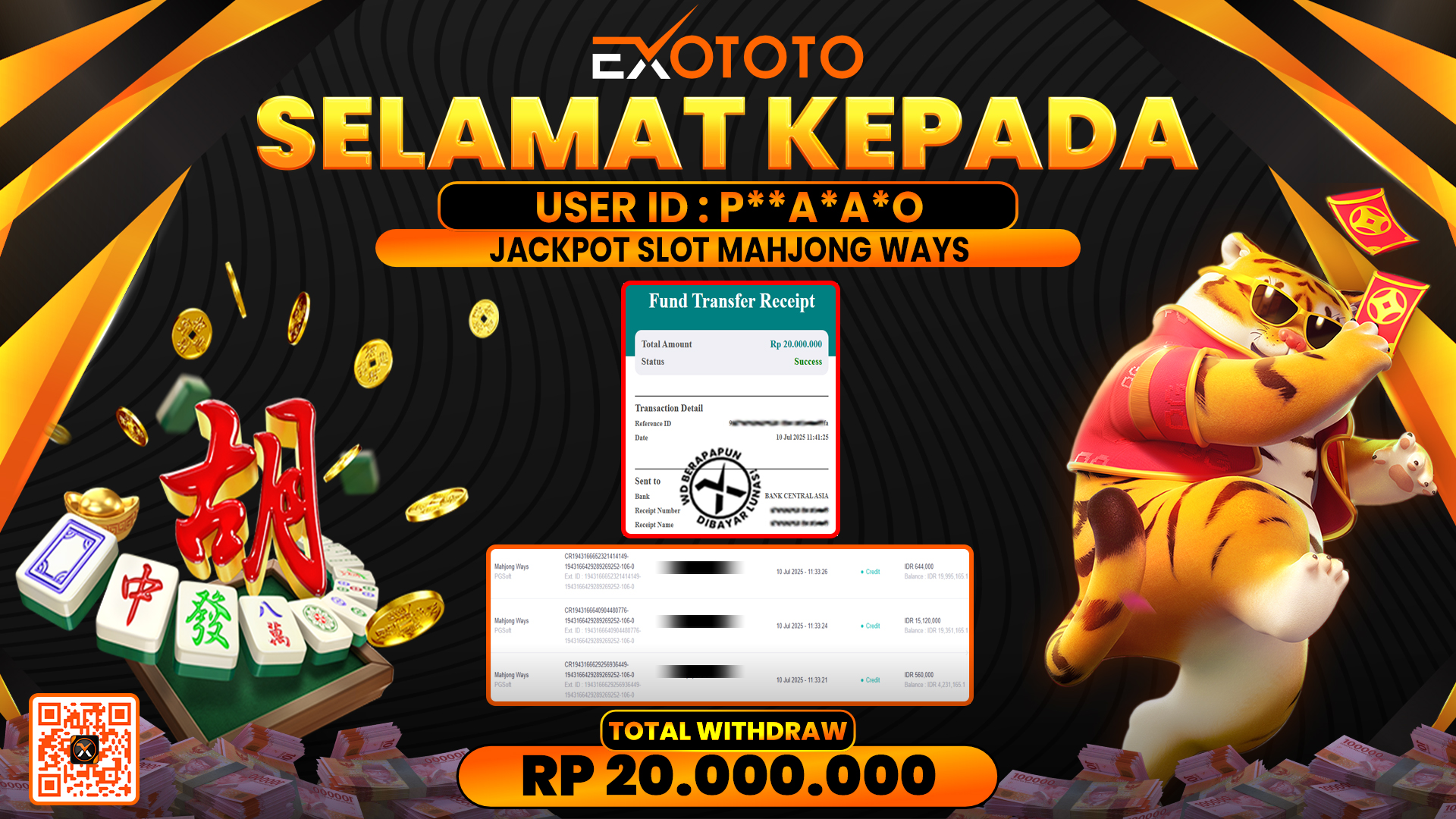 EXOTOTO JACKPOT DI SLOT MAHJONG WAYS RP. 20.000.000,- LUNAS