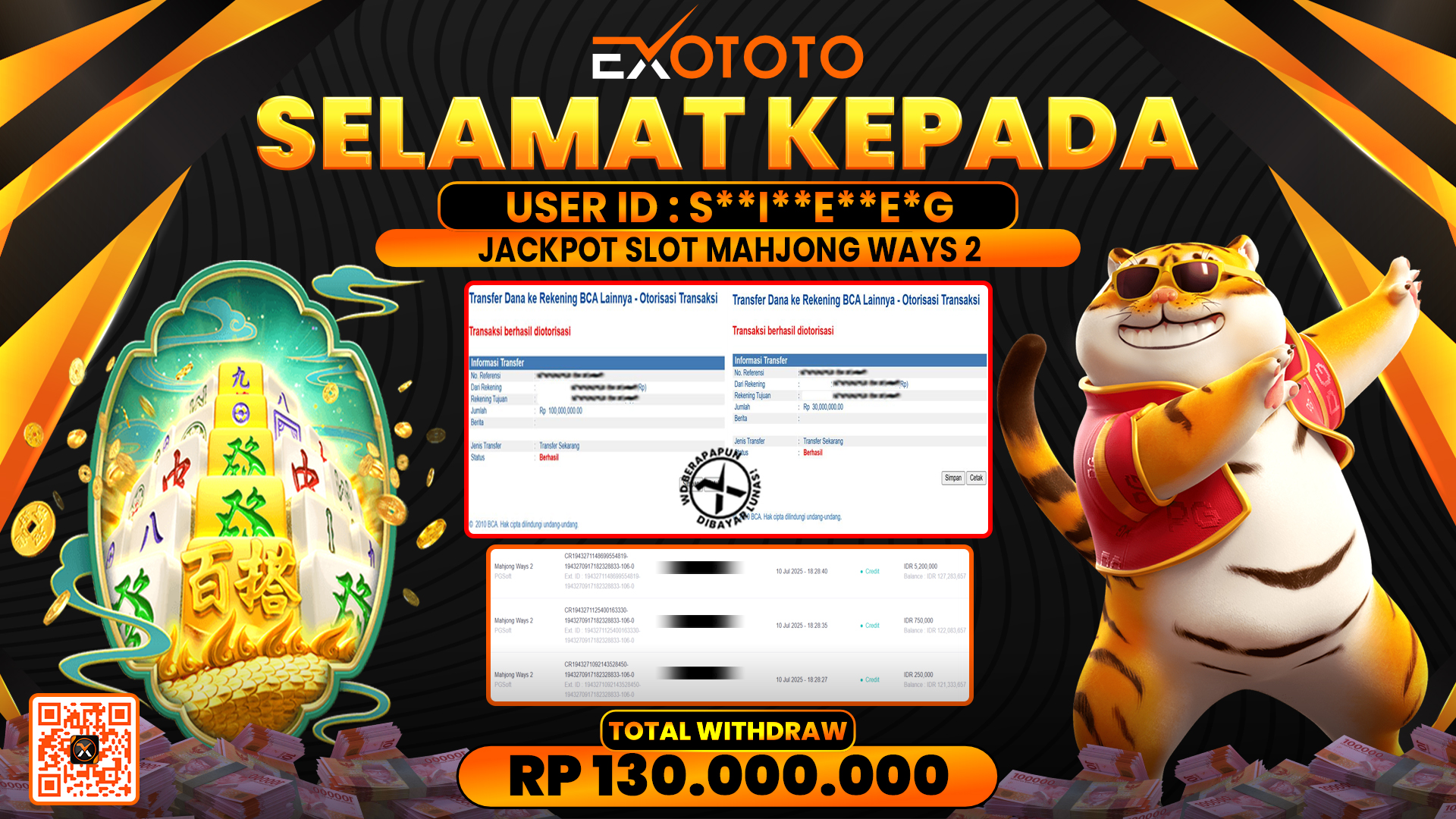 EXOTOTO JACKPOT DI SLOT MAHJONG WAYS 2 RP. 130.000.000,- LUNAS