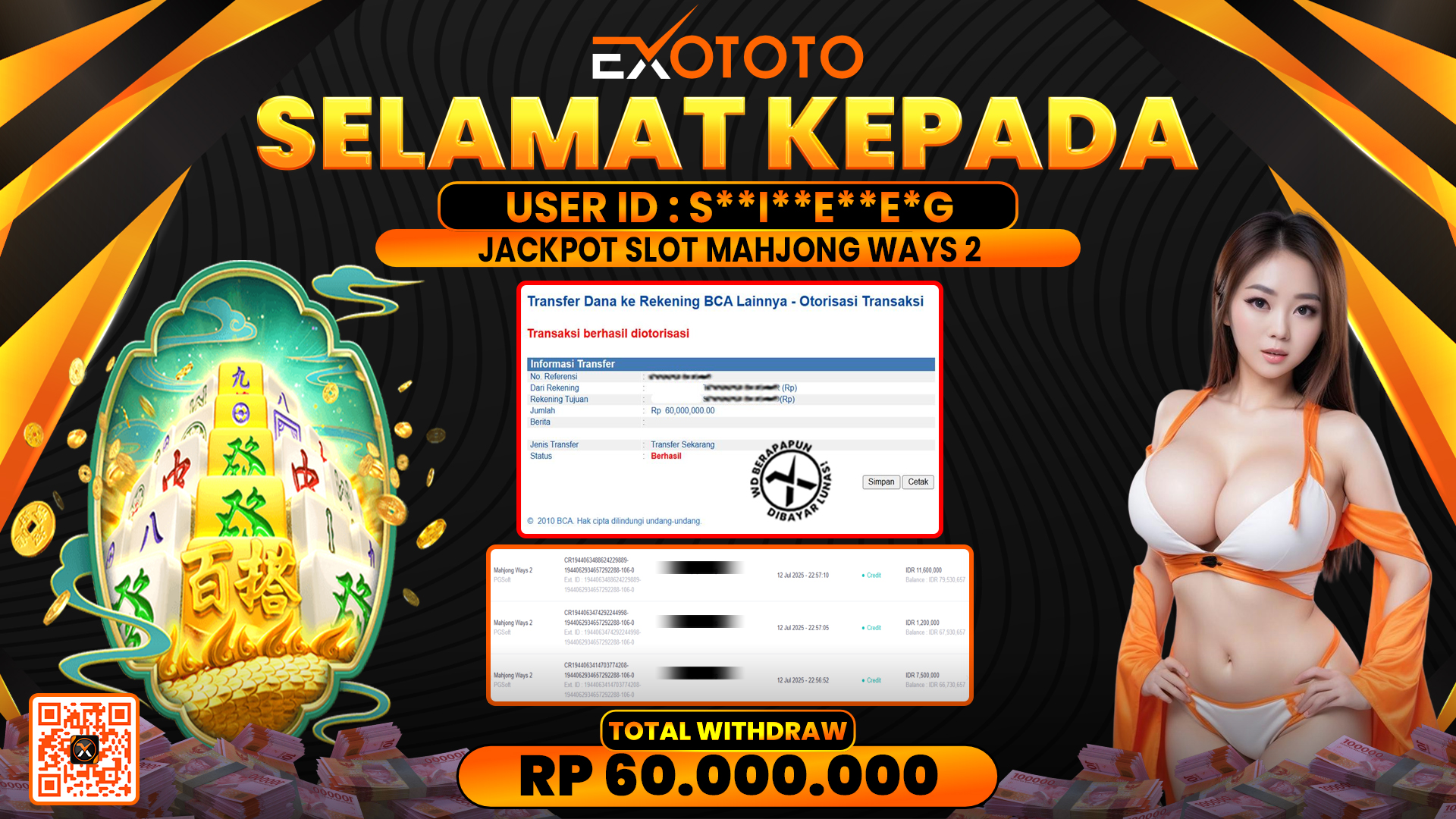 EXOTOTO JACKPOT DI SLOT MAHJONG WAYS 2 RP. 60.000.000,- LUNAS