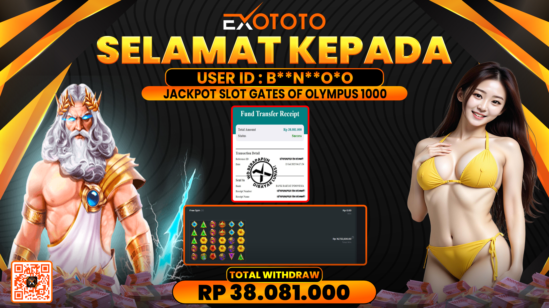 EXOTOTO JACKPOT DI SLOT GATES OF OLYMPUS 1000 RP. 38.081.000,- LUNAS