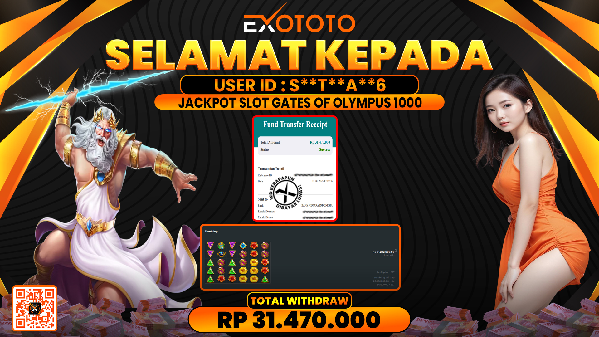 EXOTOTO JACKPOT DI SLOT GATES OF OLYMPUS 1000 RP. 31.470.000,- LUNAS