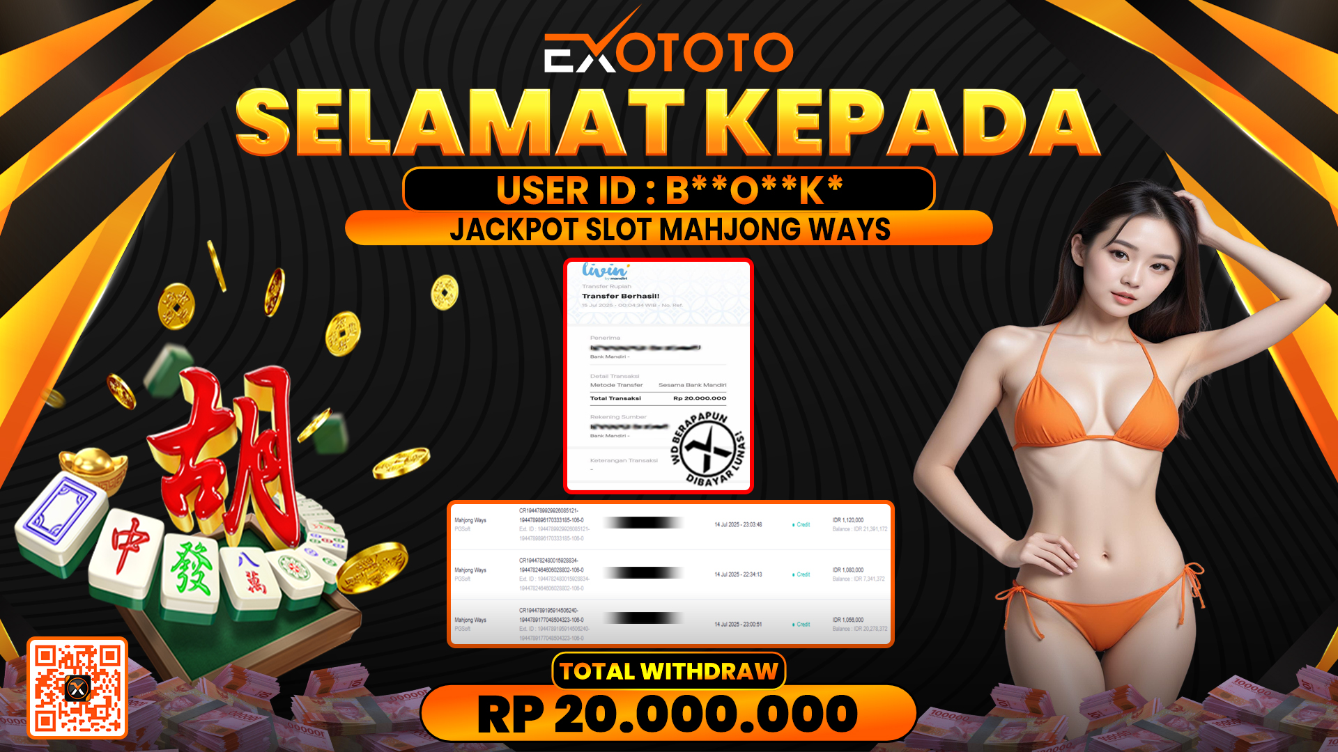 EXOTOTO JACKPOT DI SLOT MAHJONG WAYS RP. 20.000.000,- LUNAS