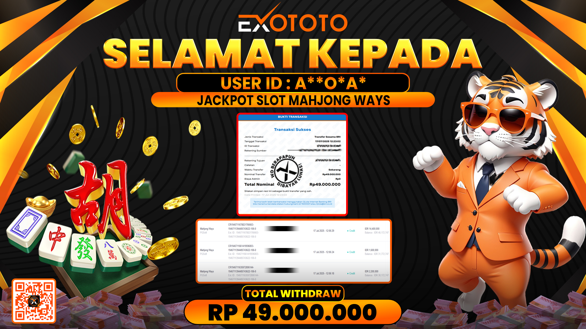 EXOTOTO JACKPOT DI SLOT MAHJONG WAYS RP. 49.000.000,- LUNAS