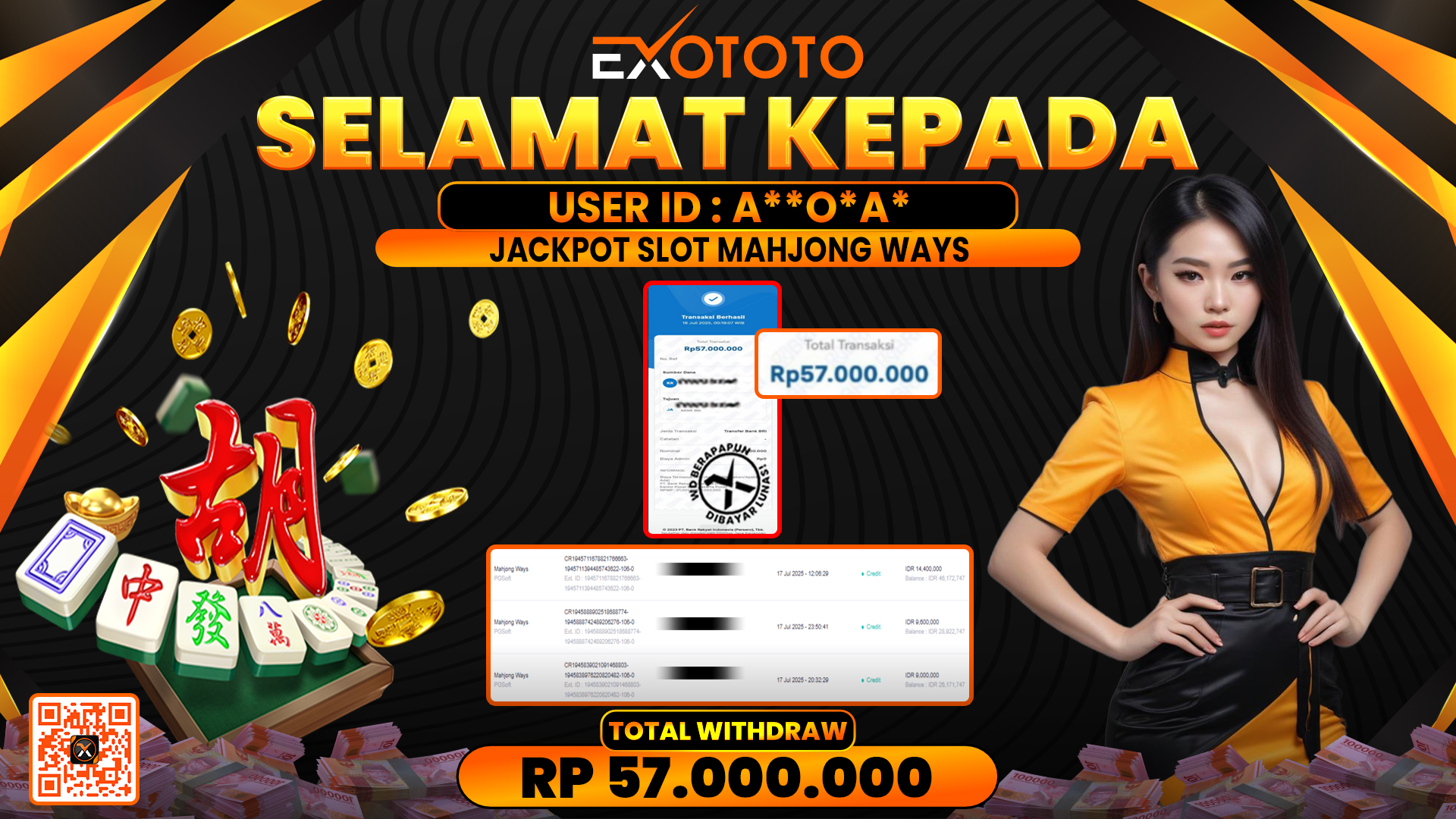 EXOTOTO JACKPOT DI SLOT MAHJONG WAYS RP. 57.000.000,- LUNAS