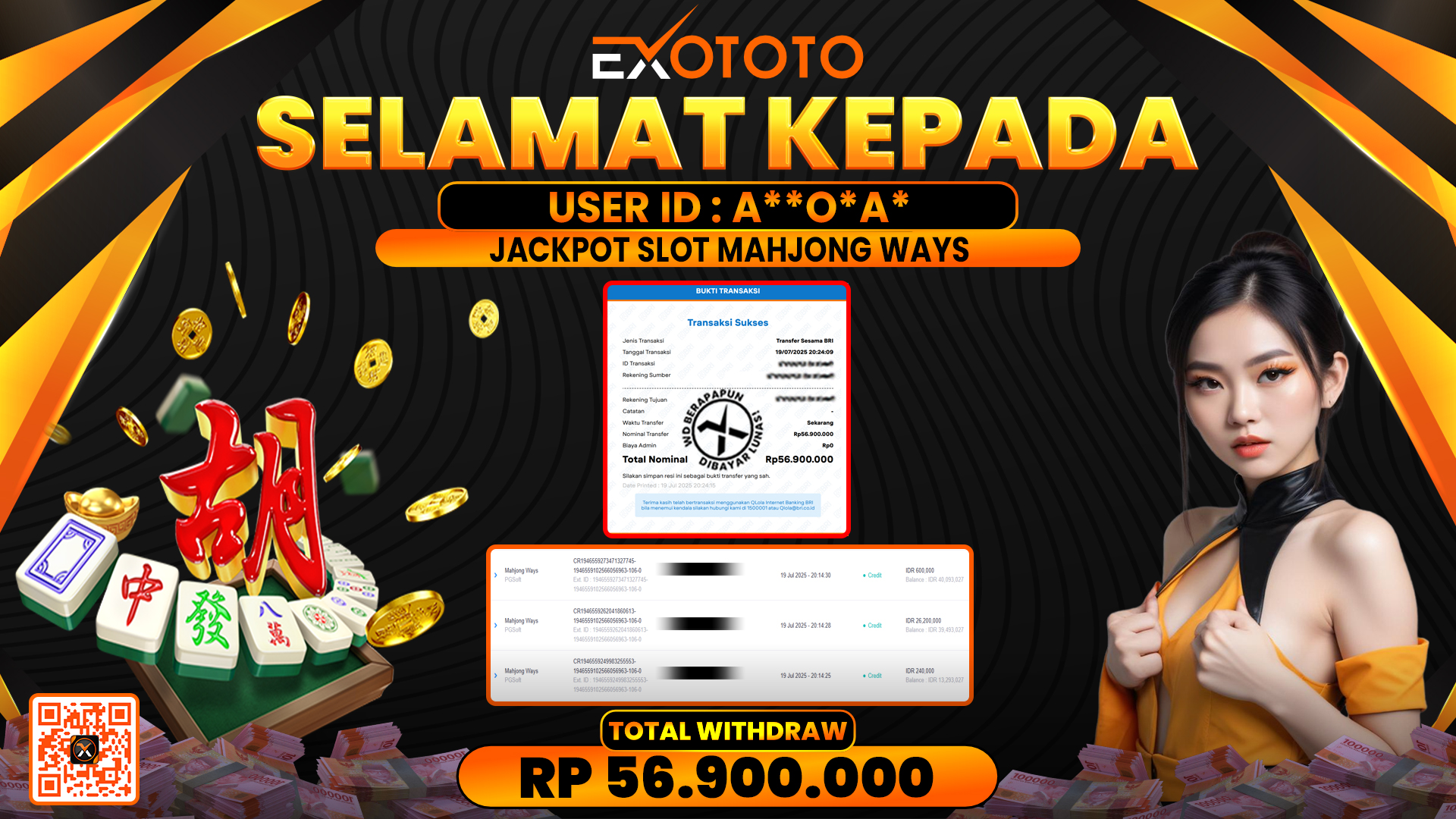 EXOTOTO JACKPOT DI SLOT MAHJONG WAYS RP. 56.900.000,- LUNAS