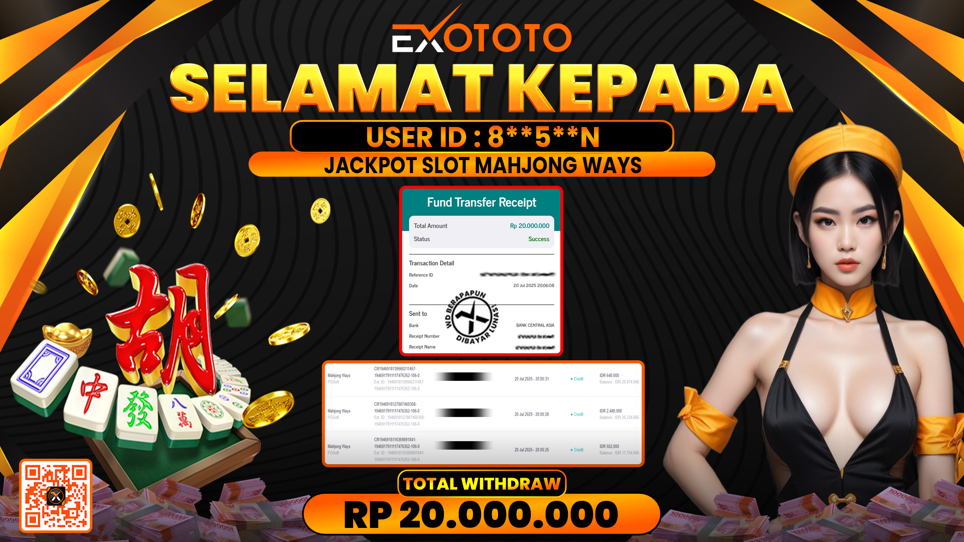EXOTOTO JACKPOT DI SLOT MAHJONG WAYS RP. 20.000.000,- LUNAS
