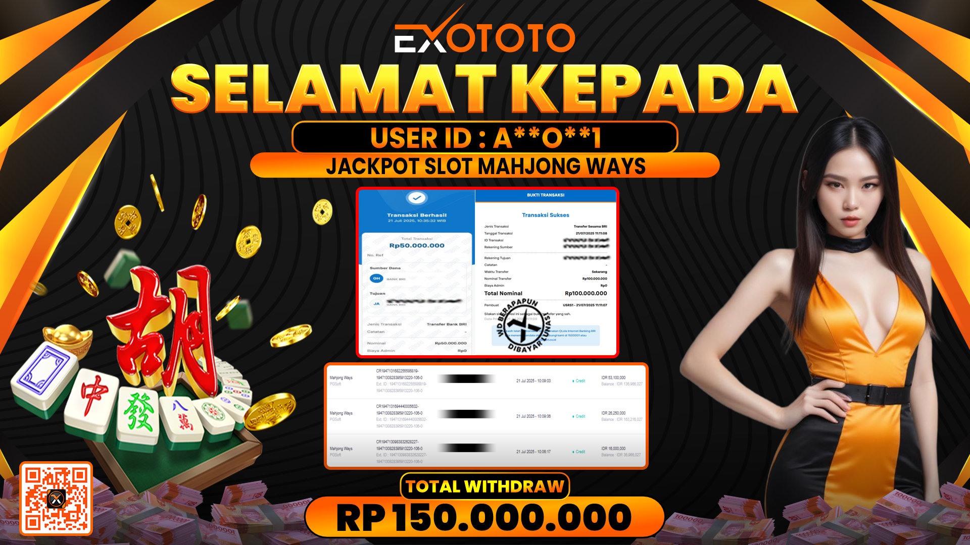 EXOTOTO JACKPOT DI SLOT MAHJONG WAYS RP. 150.000.000,- LUNAS