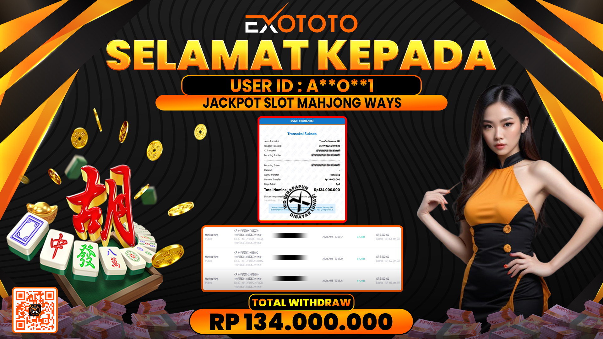 EXOTOTO JACKPOT DI SLOT MAHJONG WAYS RP. 134.000.000,- LUNAS