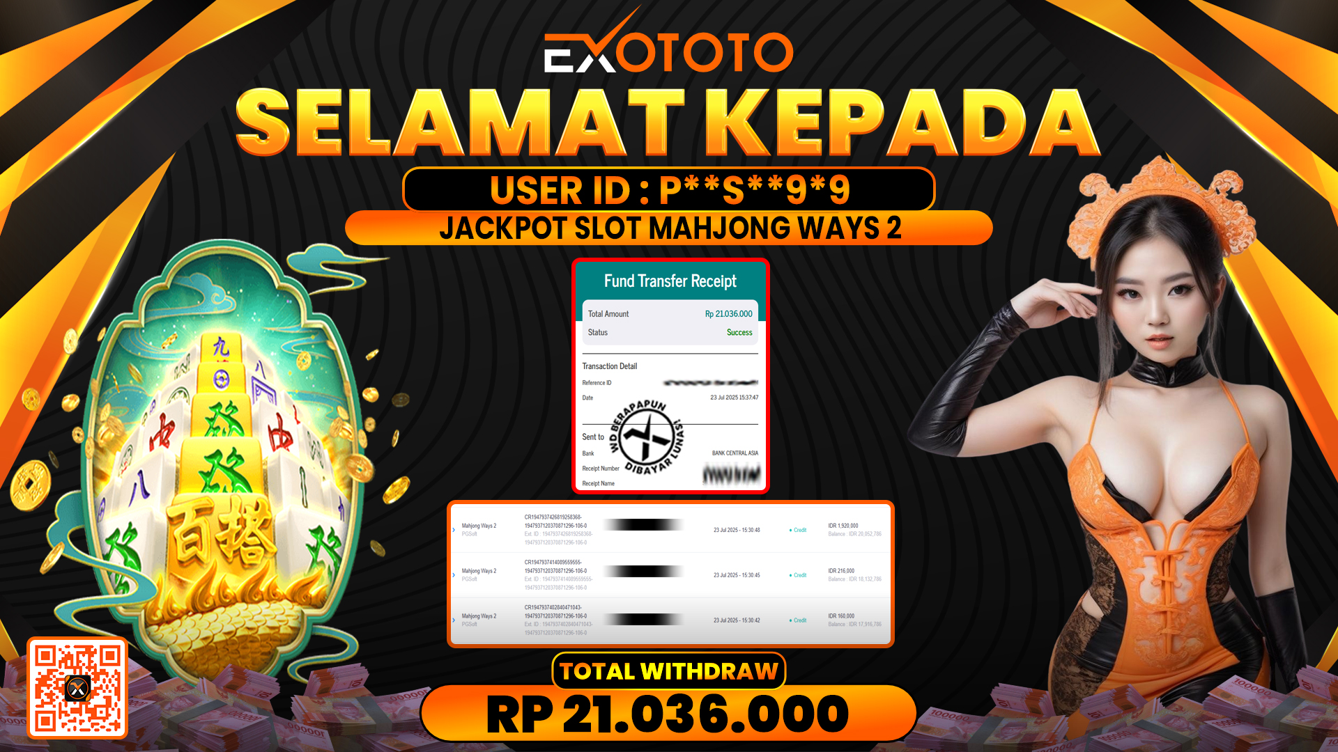 EXOTOTO JACKPOT DI SLOT MAHJONG WAYS 2 RP. 21.036.000,- LUNAS