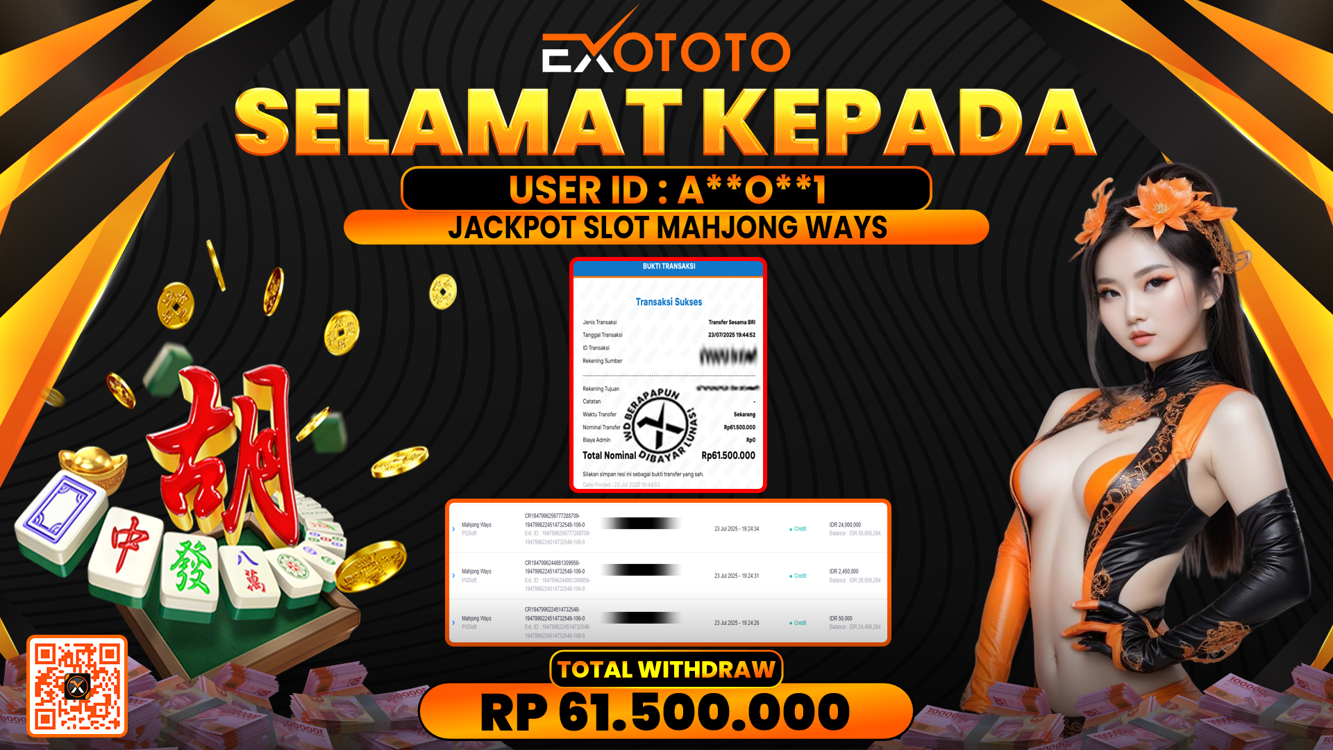 EXOTOTO JACKPOT DI SLOT MAHJONG WAYS RP. 61.500.000,- LUNAS