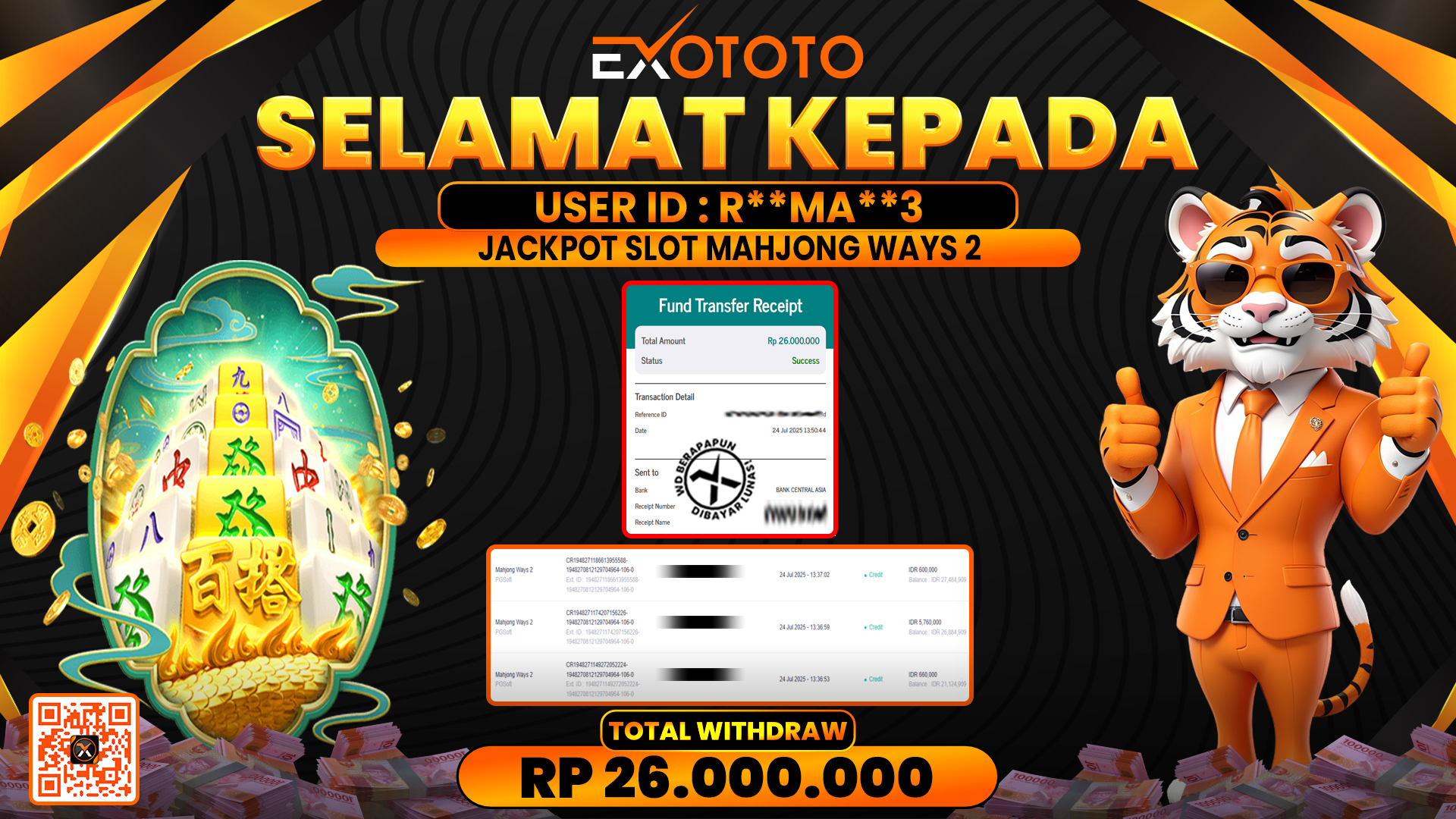 EXOTOTO JACKPOT DI SLOT MAHJONG WAYS 2 RP. 26.000.000,- LUNAS