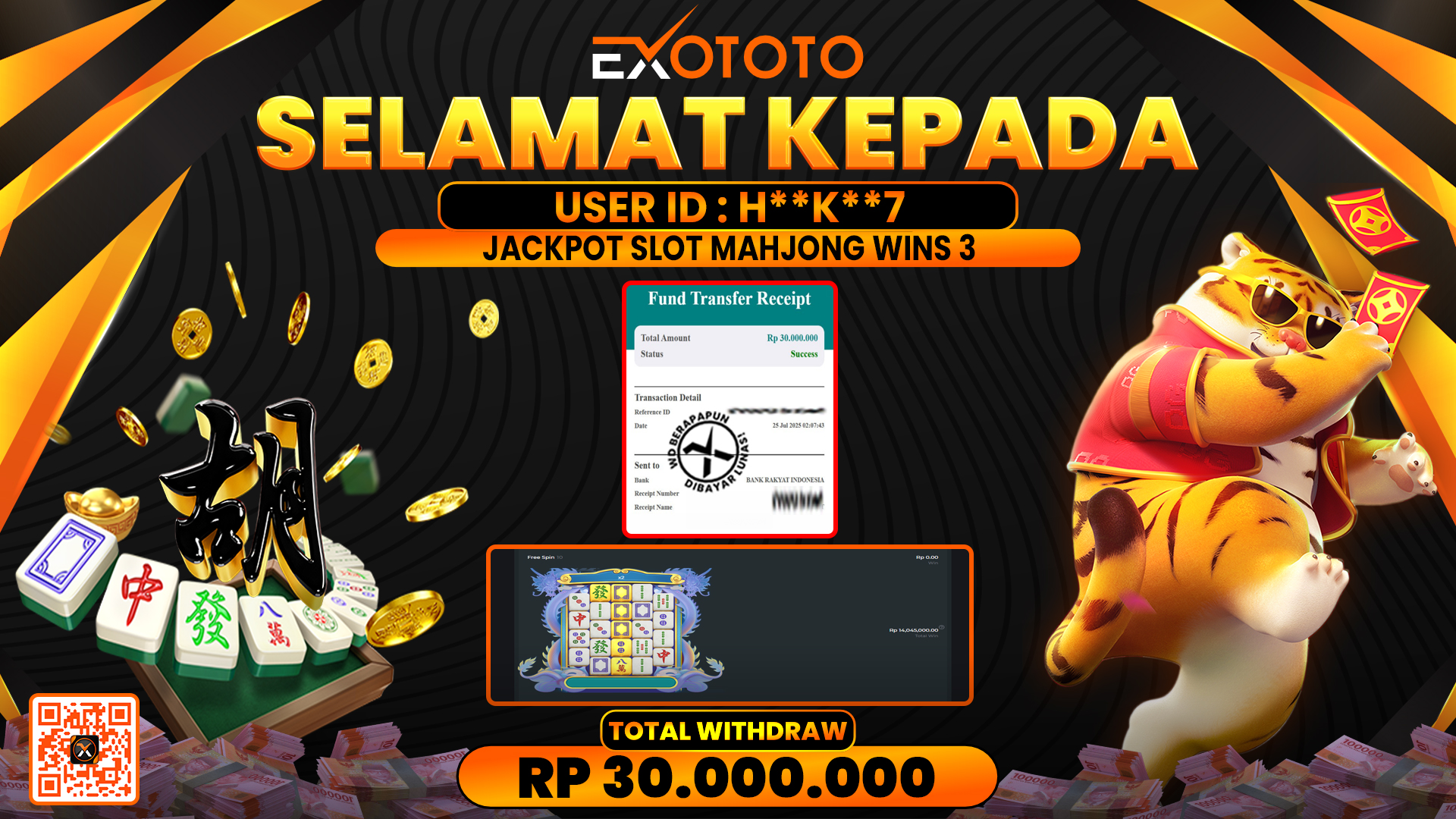 EXOTOTO JACKPOT DI SLOT MAHJONG WINS 3 RP. 30.000.000,- LUNAS