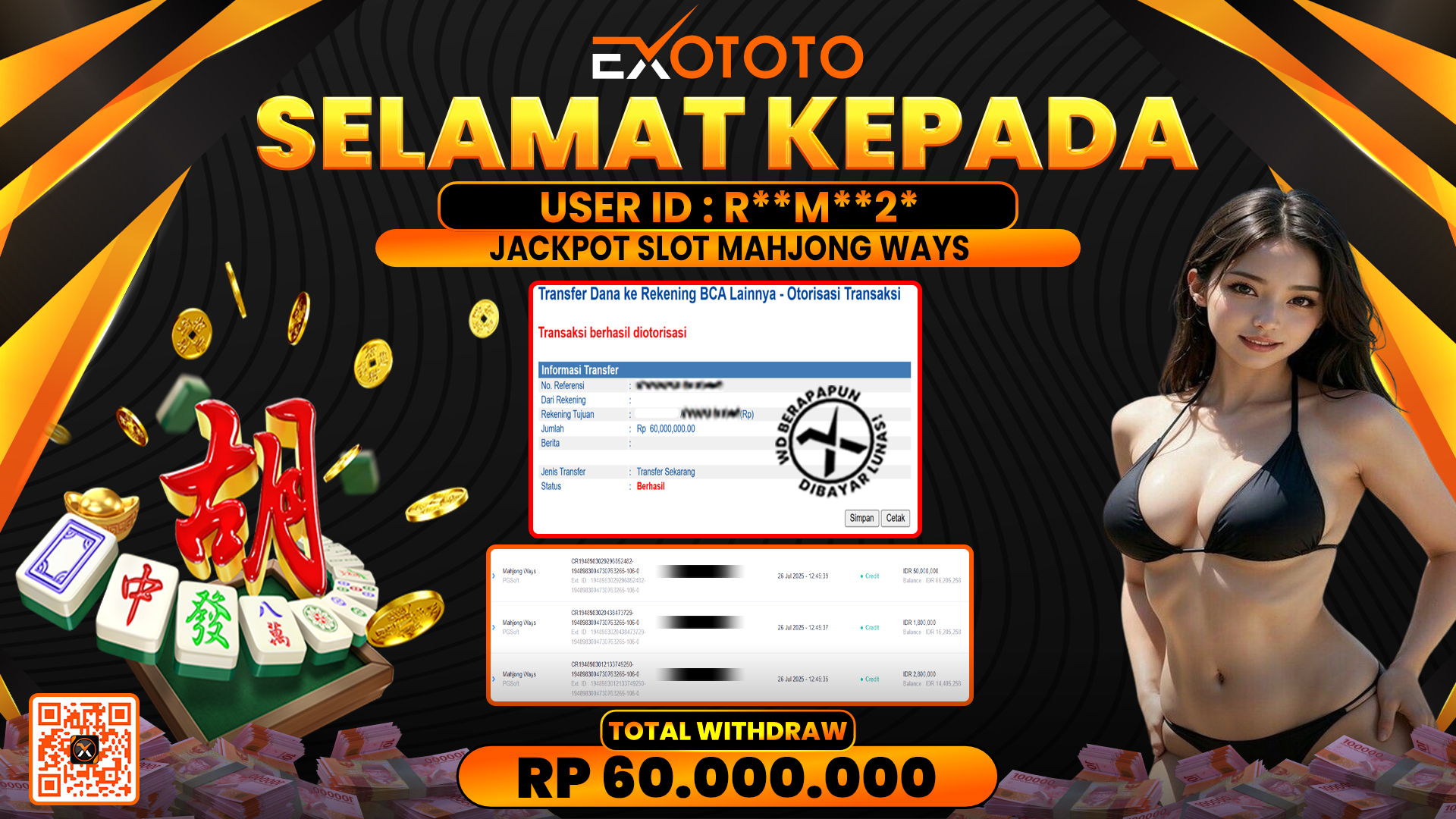 EXOTOTO JACKPOT DI SLOT MAHJONG WAYS RP. 60.000.000,- LUNAS