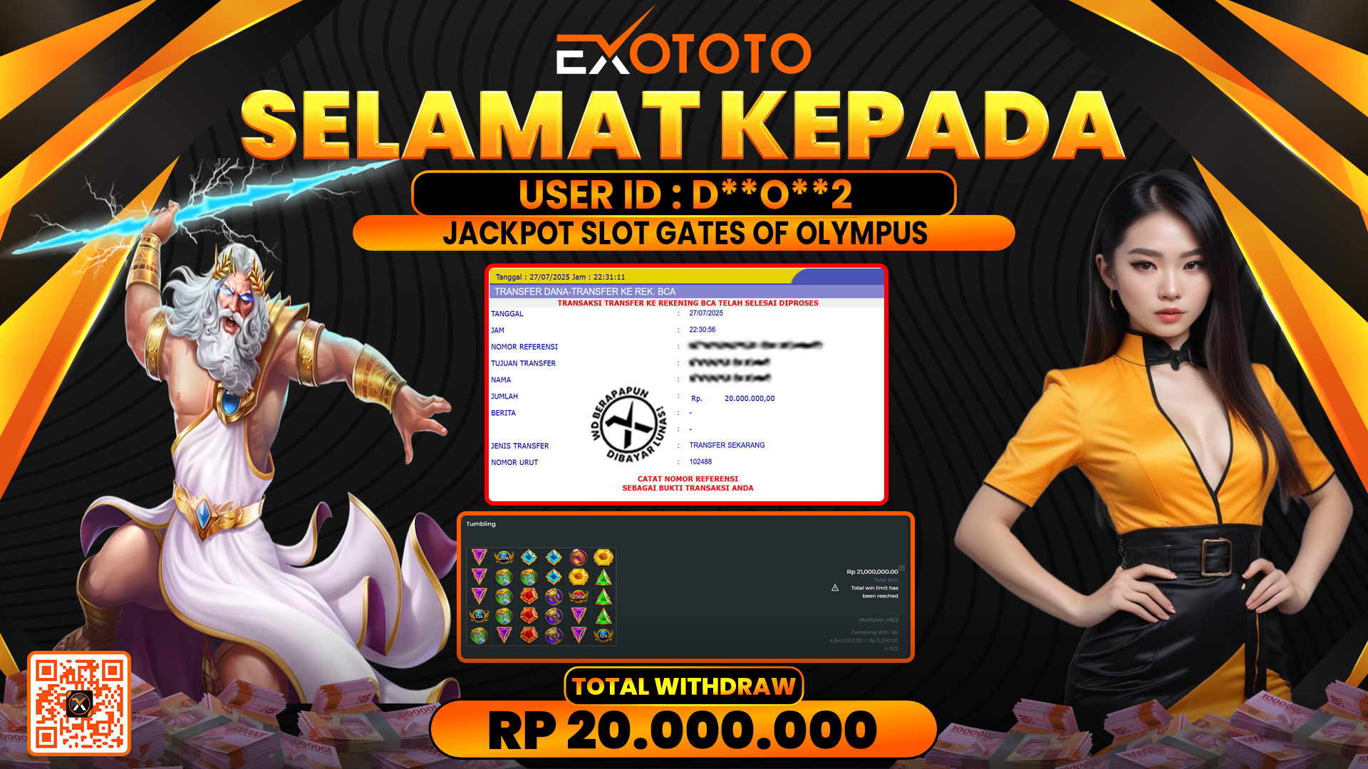 EXOTOTO JACKPOT DI SLOT GATES OF OLYMPUS RP. 20.000.000,- LUNAS